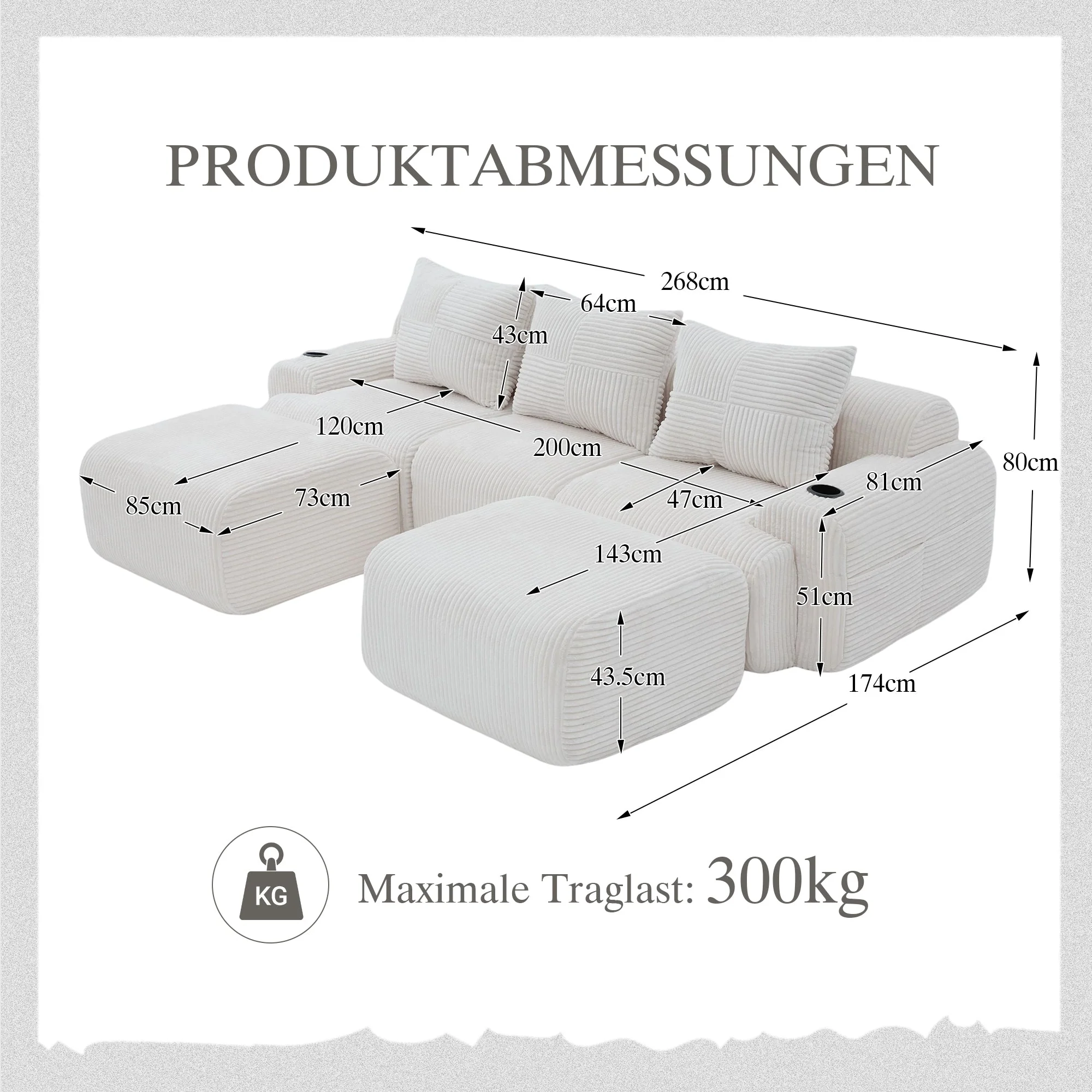 3-Seater Modular Corduroy Sofa with 2 Ottomans, Cup Holders and Storage Pocket, Beige - Image 2
