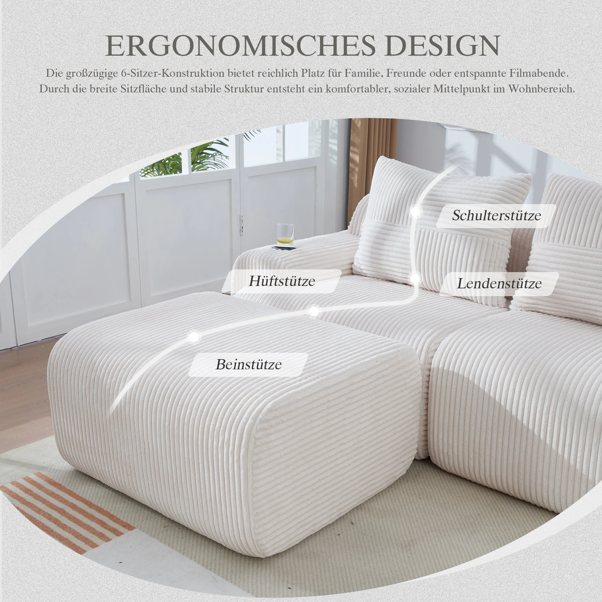 3-Seater Modular Corduroy Sofa with 2 Ottomans, Cup Holders and Storage Pocket, Beige - Image 5