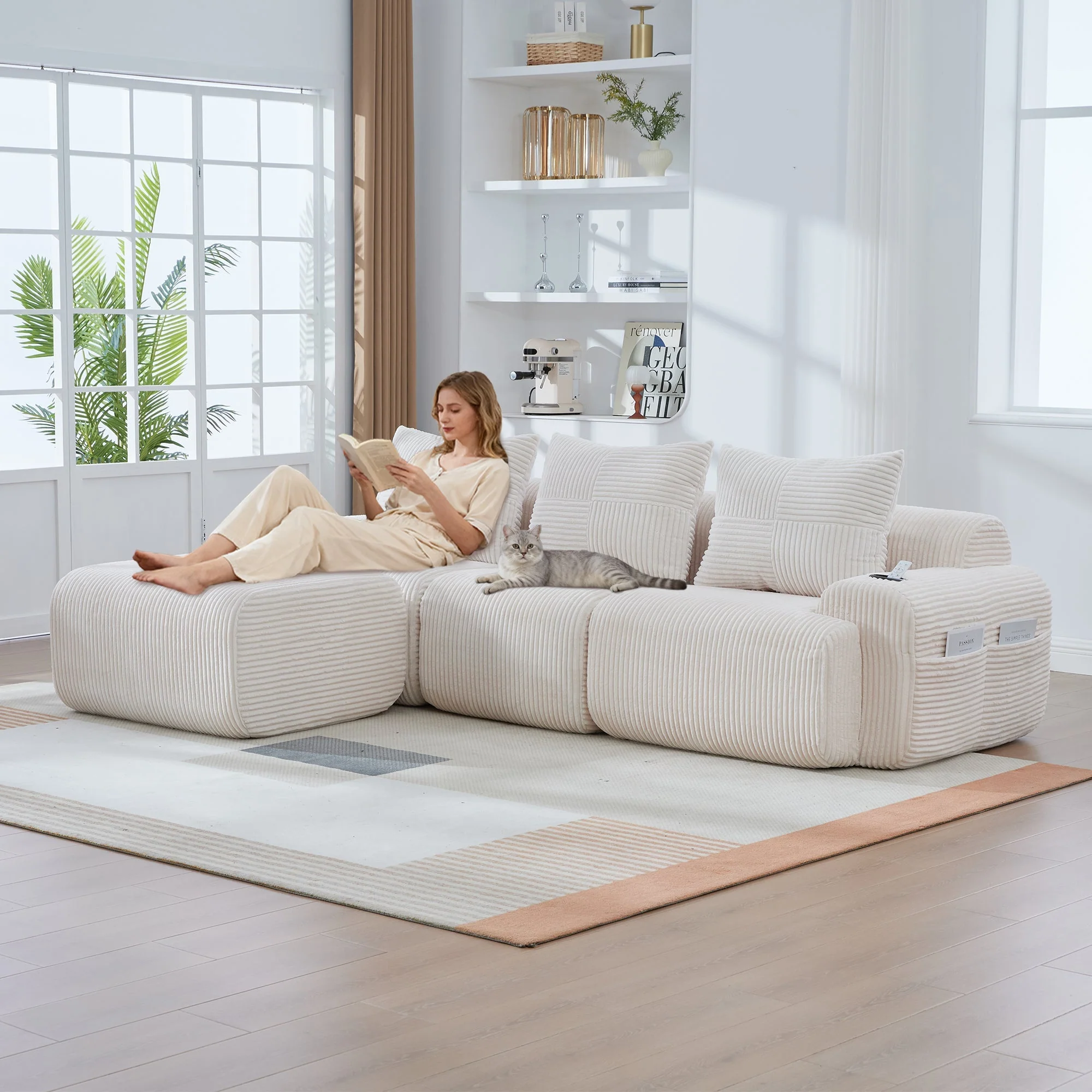 3-Seater Modular Corduroy Sofa with Ottomans, Cup Holders and Storage, Beige