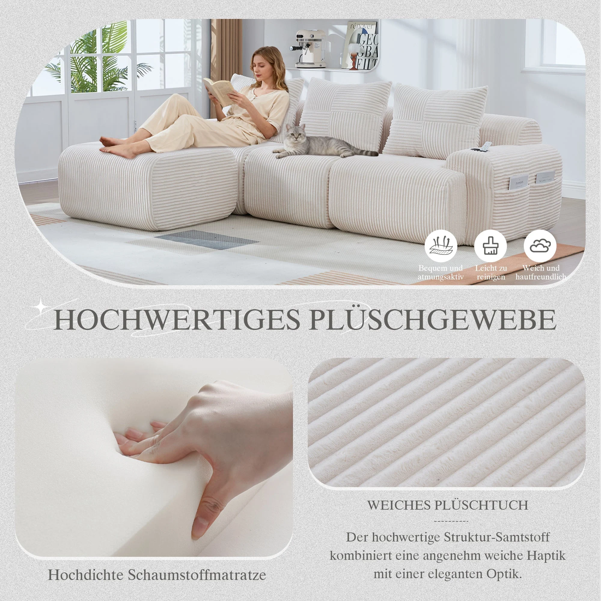 3-Seater Modular Corduroy Sofa with Ottomans, Cup Holders and Storage, Beige - Image 5