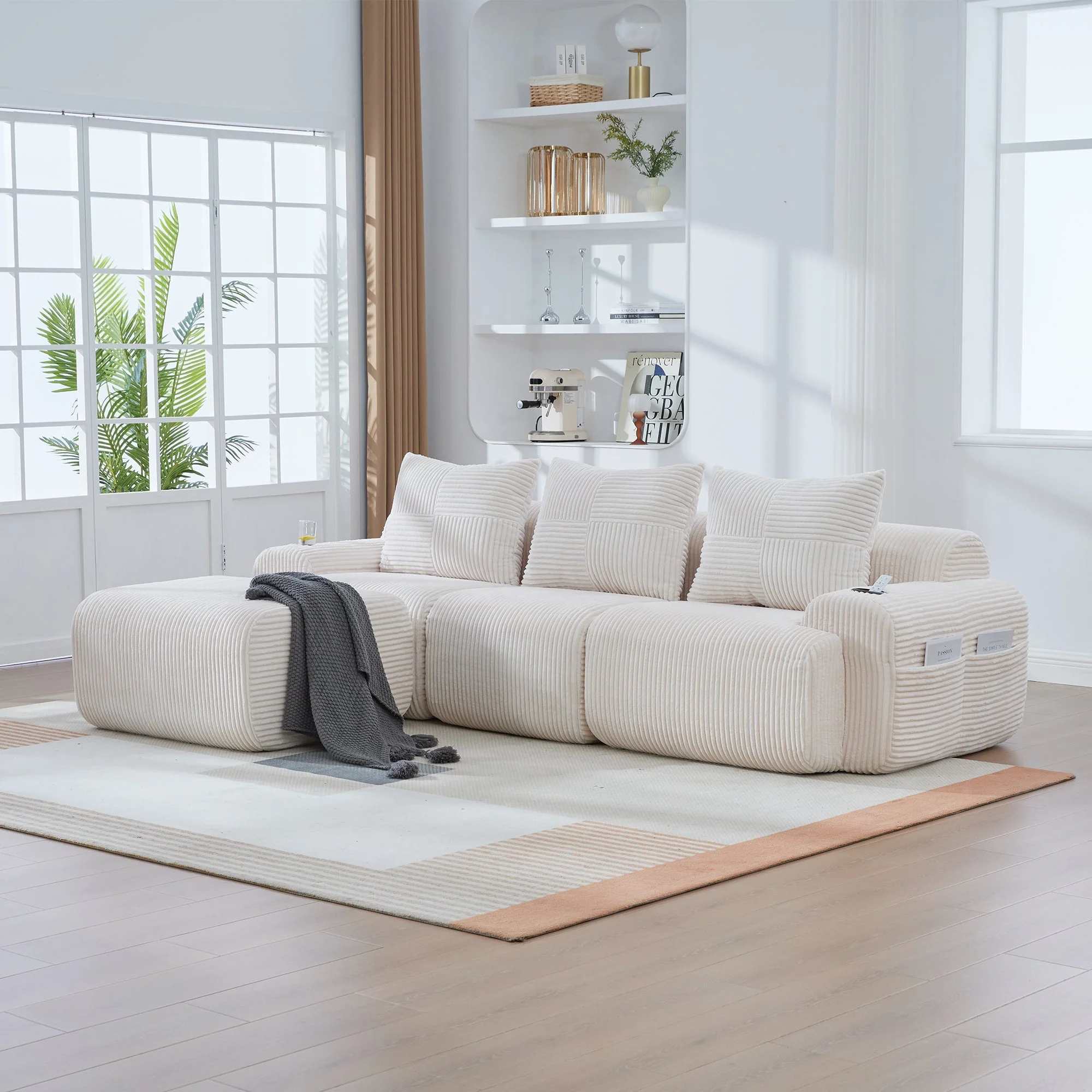 3-Seater Modular Corduroy Sofa with Ottomans, Cup Holders and Storage, Beige - Image 8