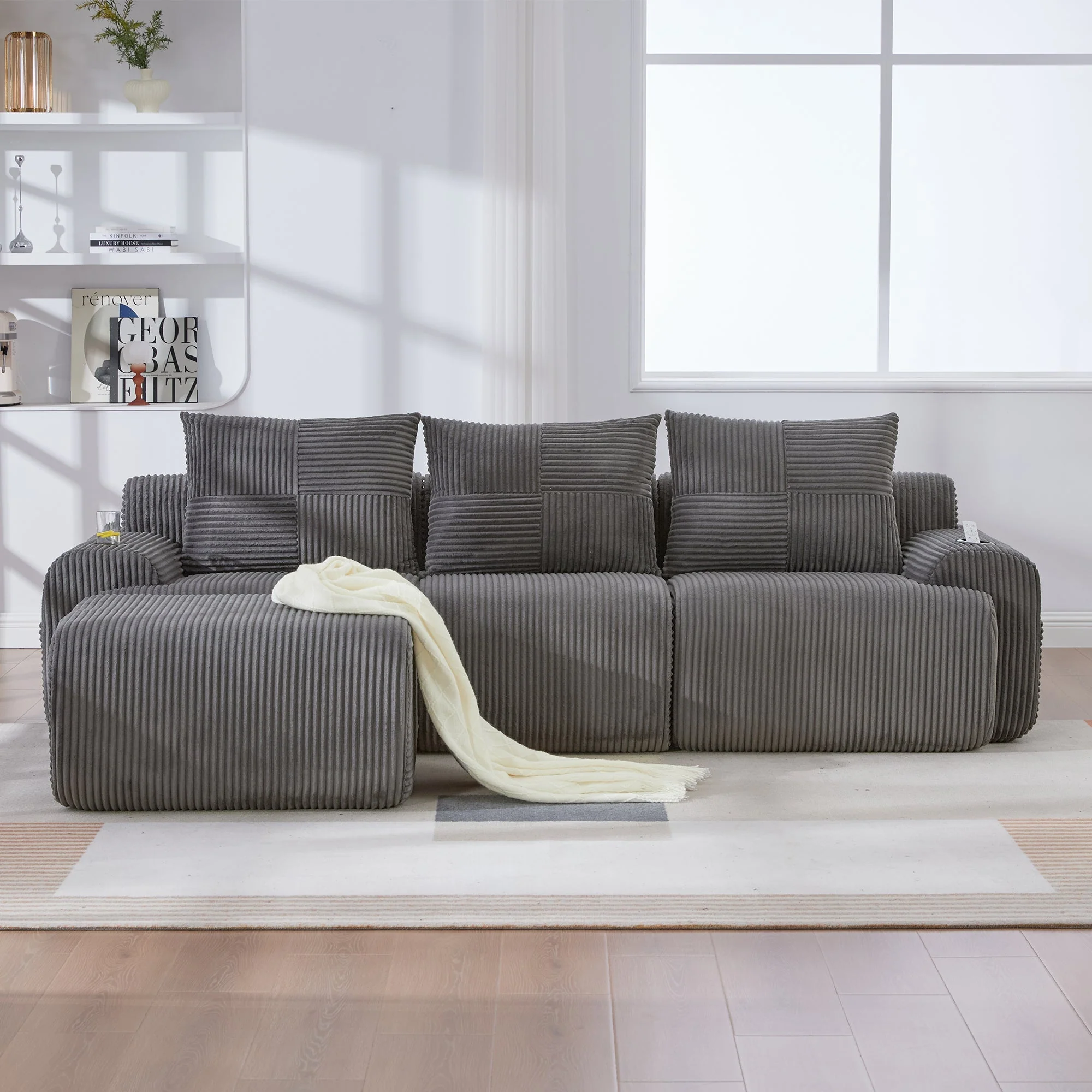 3-Seater Modular Corduroy Sofa with Ottomans, Cup Holders and Storage, Dark Grey - Image 9