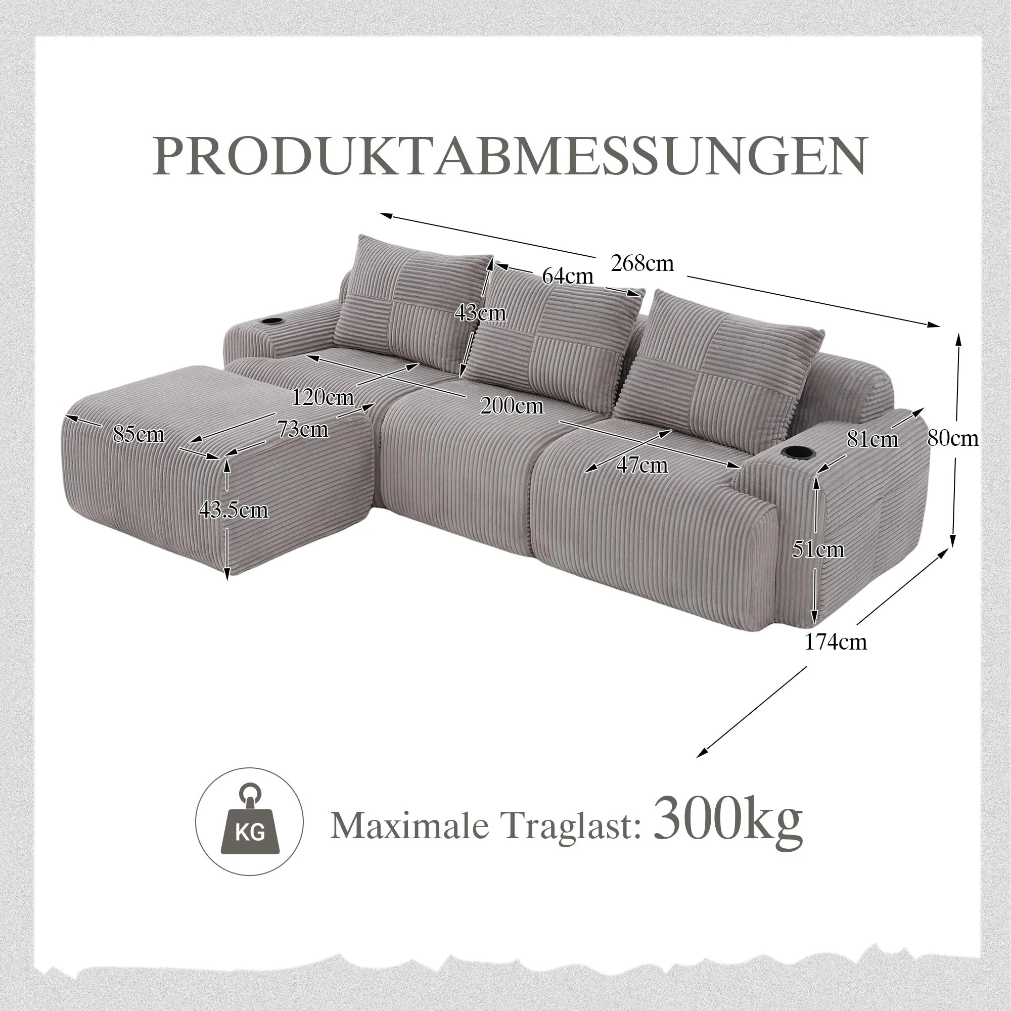 3-Seater Modular Corduroy Sofa with Ottomans, Cup Holders and Storage, Light Grey - Image 2
