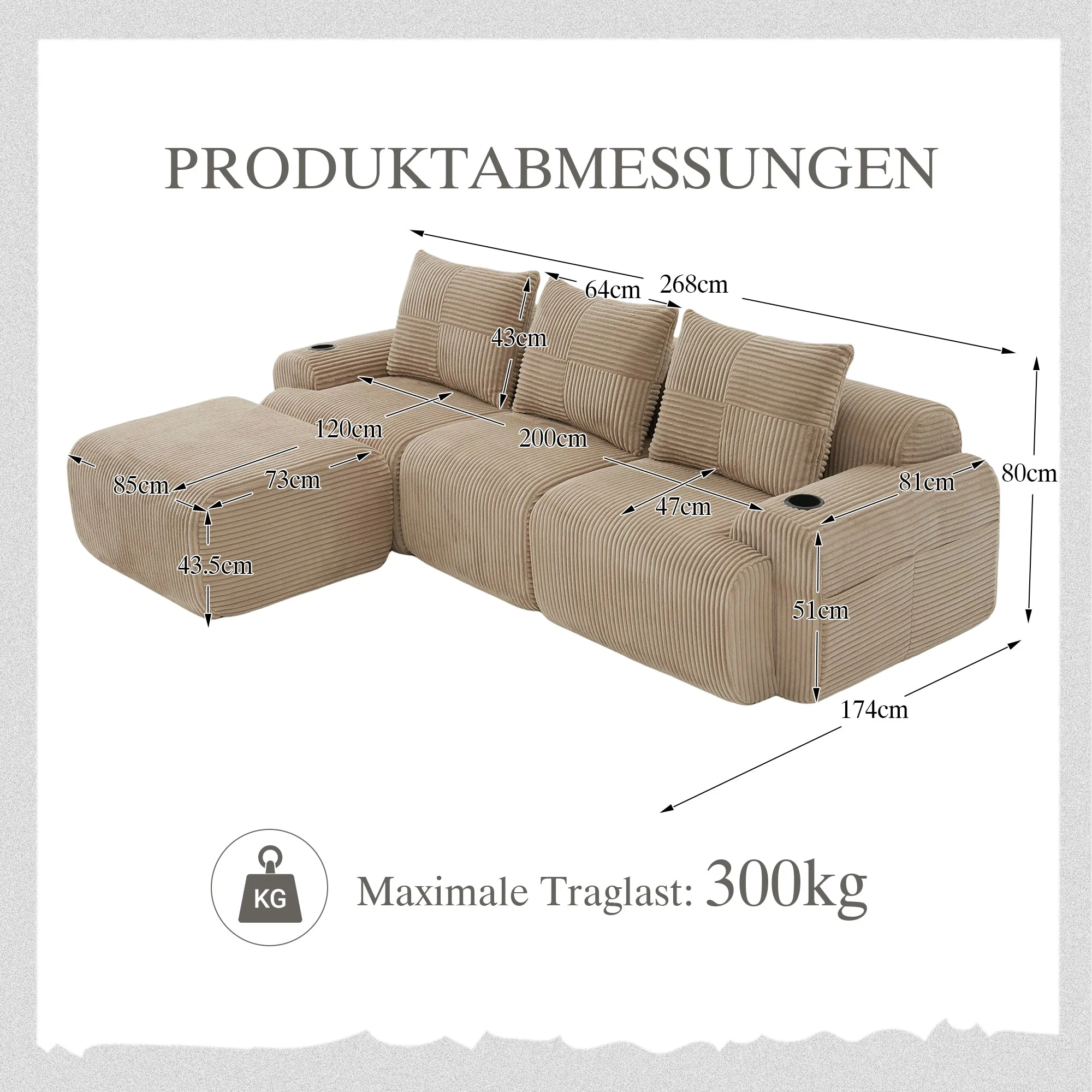 3-Seater Modular Sofa with Ottomans and Cup Holders, Khaki Corduroy - Image 2