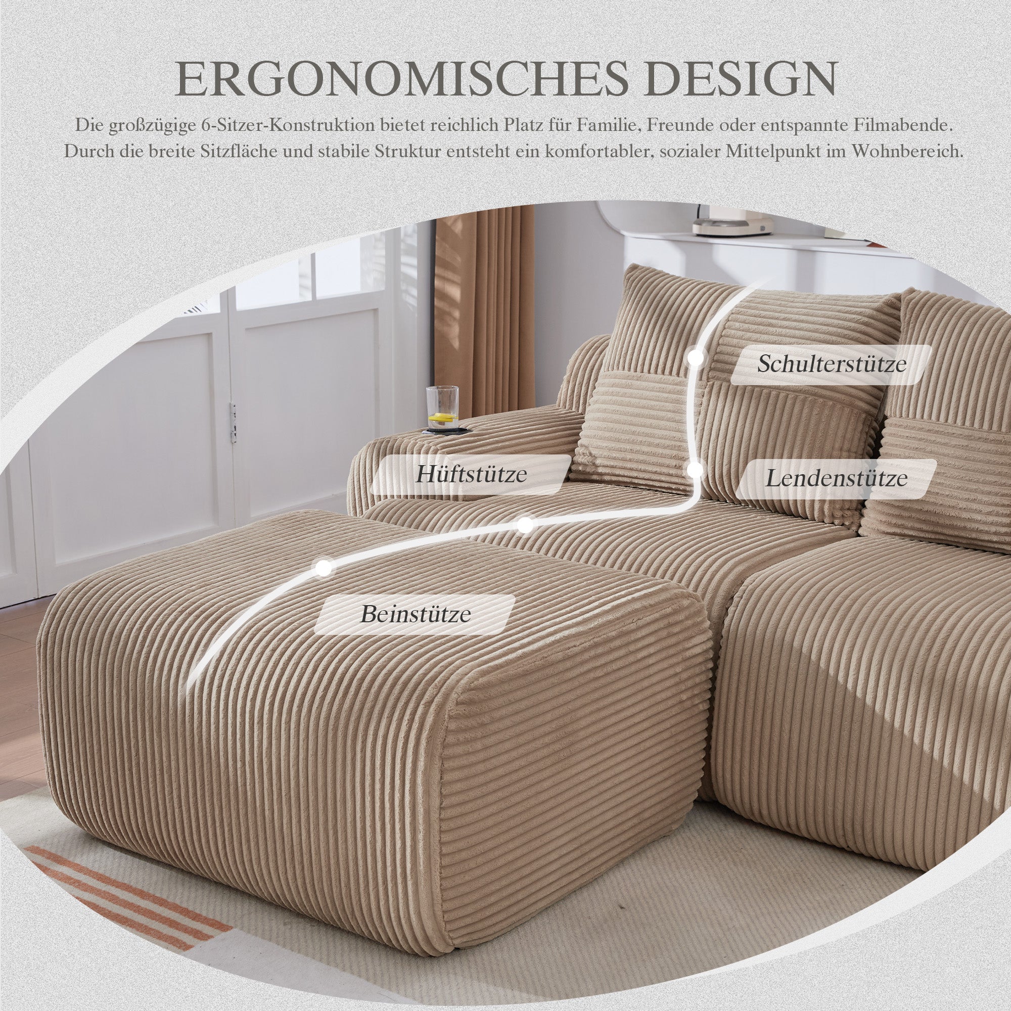 3-Seater Modular Sofa with Ottomans and Cup Holders, Khaki Corduroy - Image 3