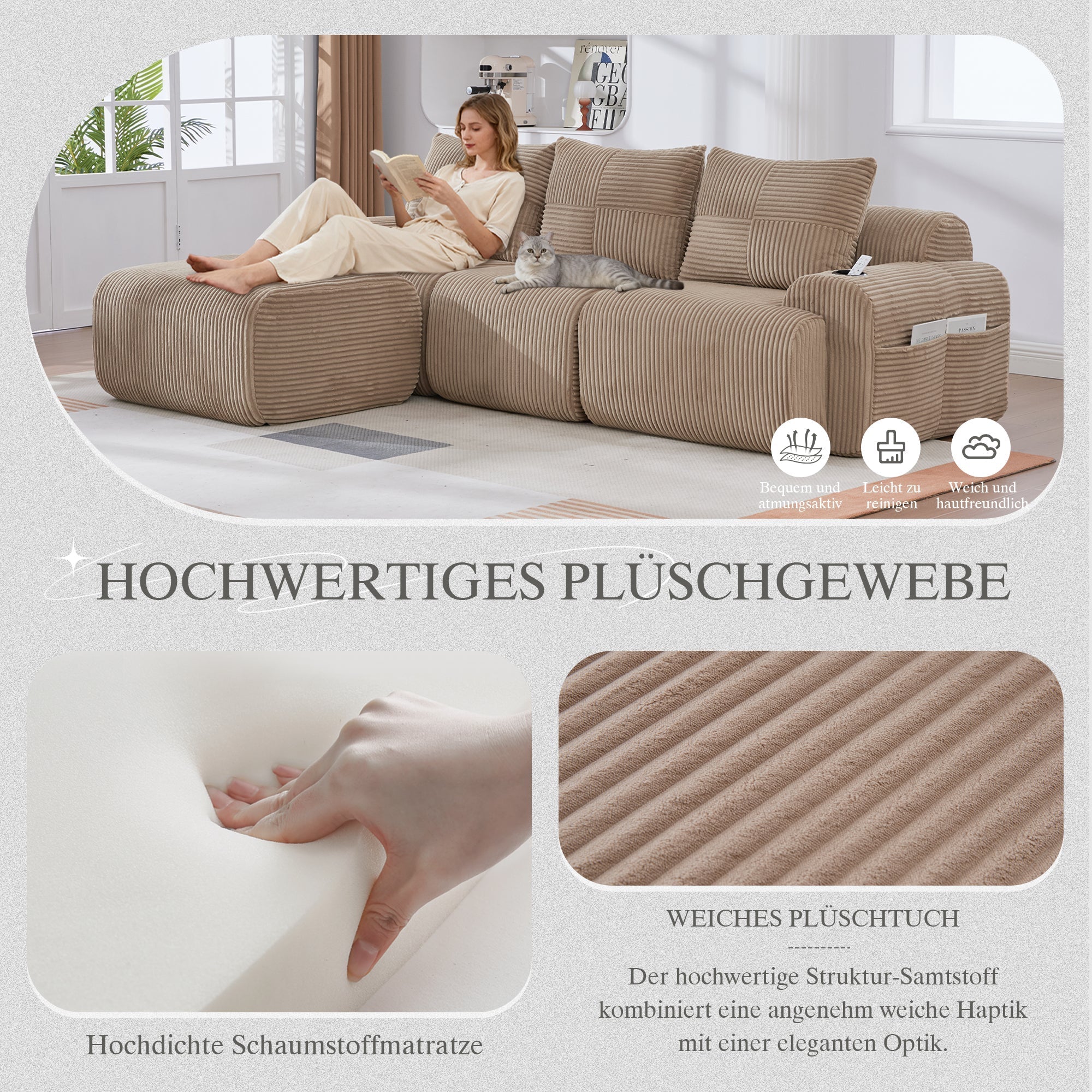 3-Seater Modular Sofa with Ottomans and Cup Holders, Khaki Corduroy - Image 5