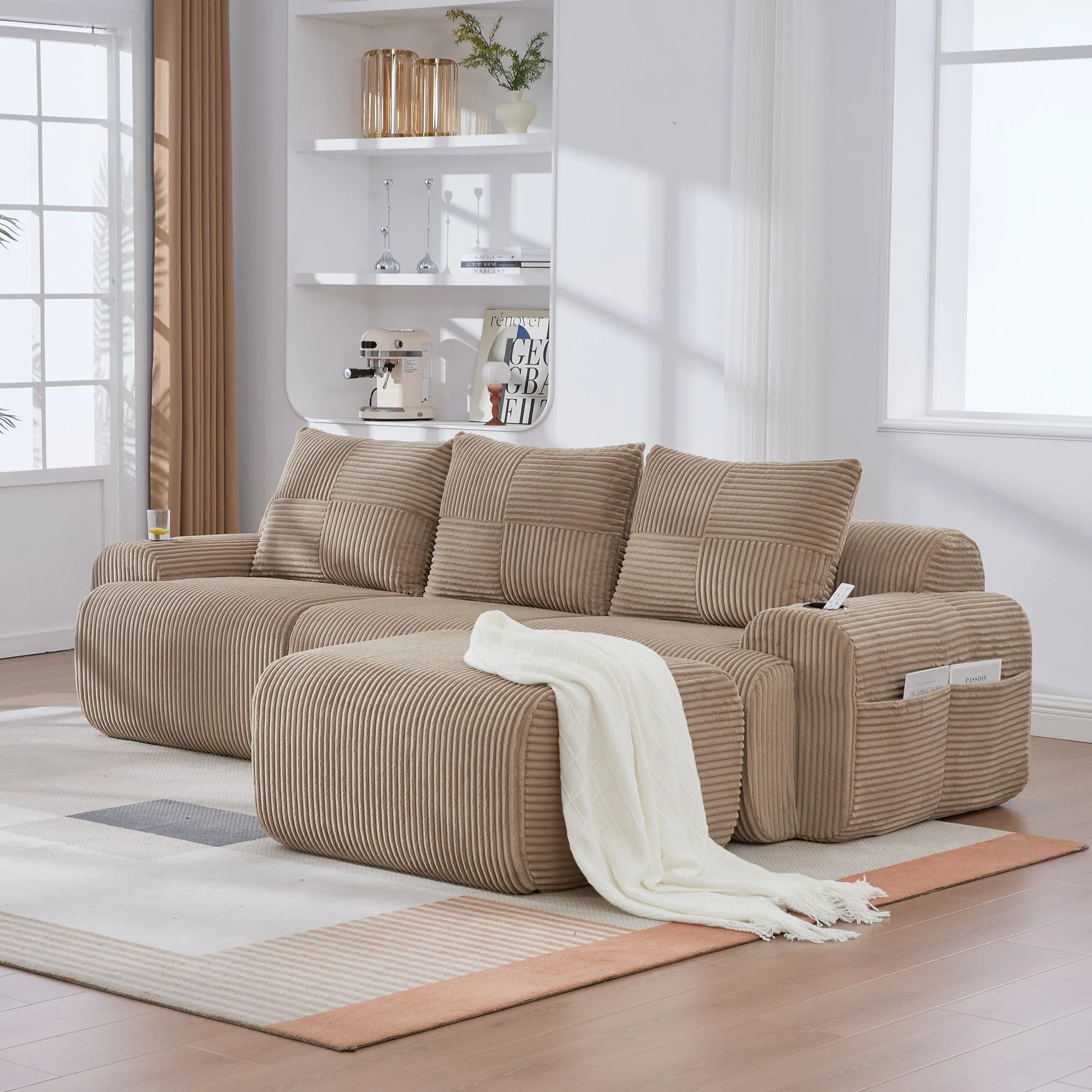 3-Seater Modular Sofa with Ottomans and Cup Holders, Khaki Corduroy - Image 8