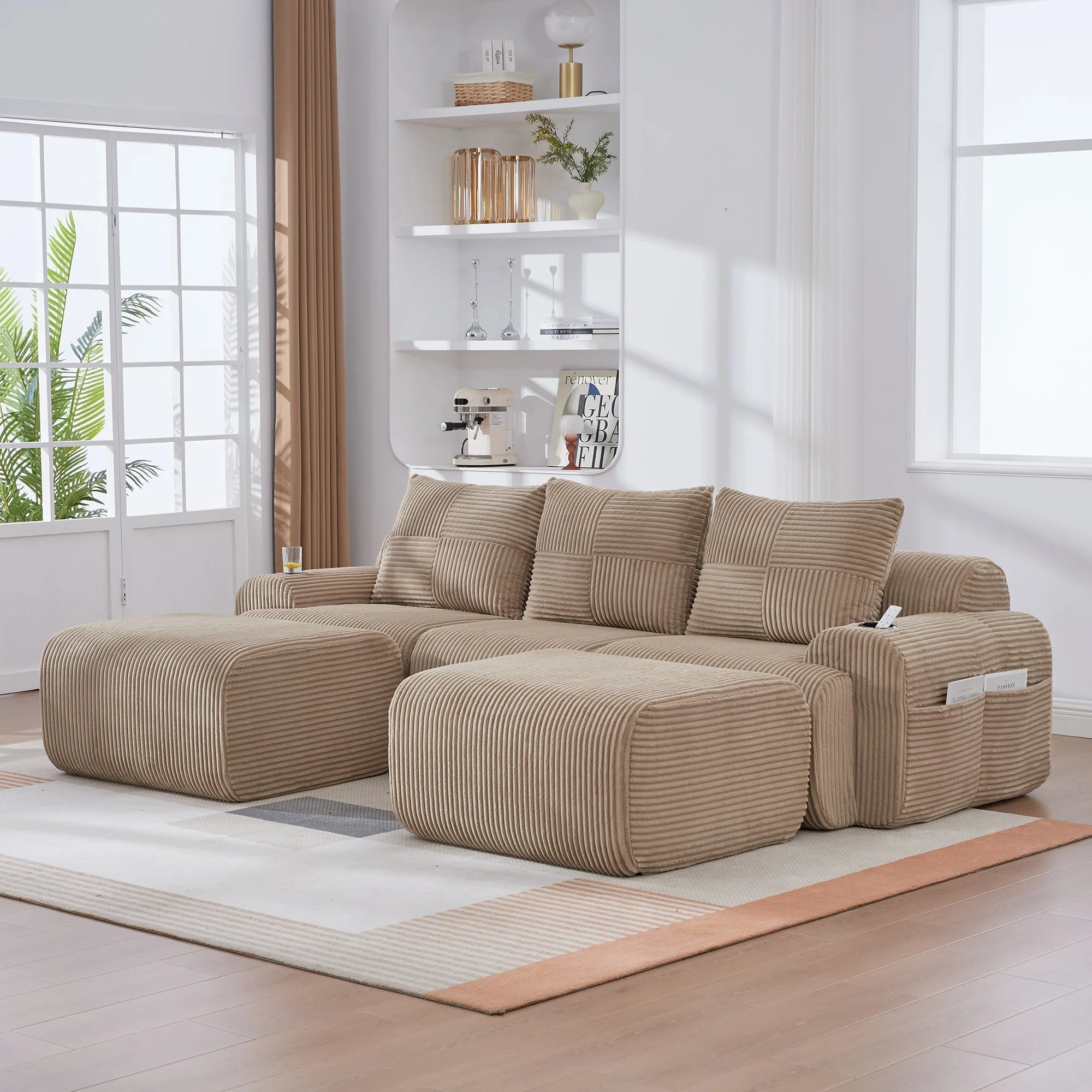 3-Seater Modular Sofa with Ottomans, Cup Holders and Side Pocket, Khaki Corduroy - Image 10