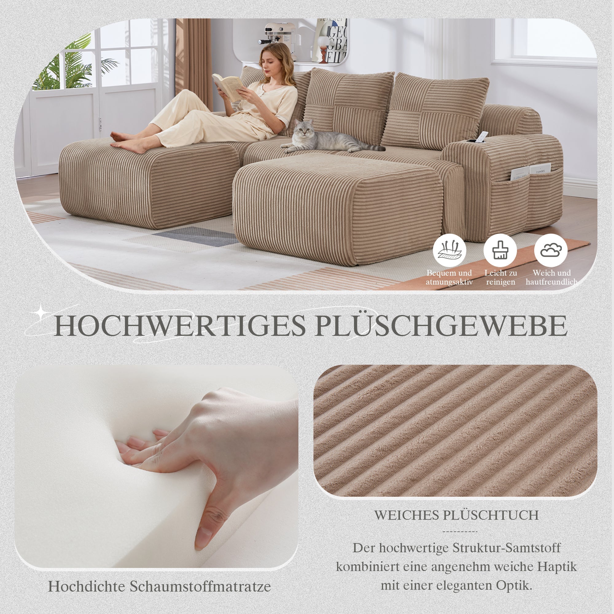 3-Seater Modular Sofa with Ottomans, Cup Holders and Side Pocket, Khaki Corduroy - Image 5