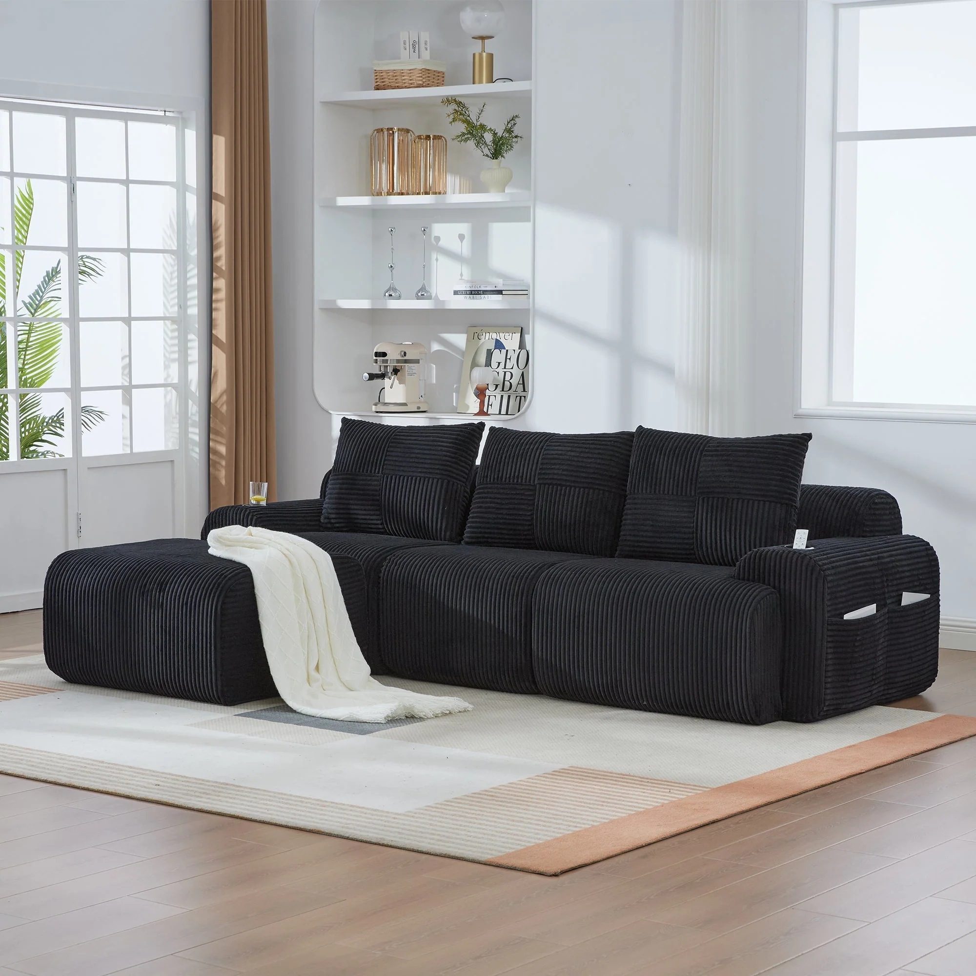 3-Seater Modular Sofa with Ottomans, Cup Holders and Storage, Black Corduroy - Image 8