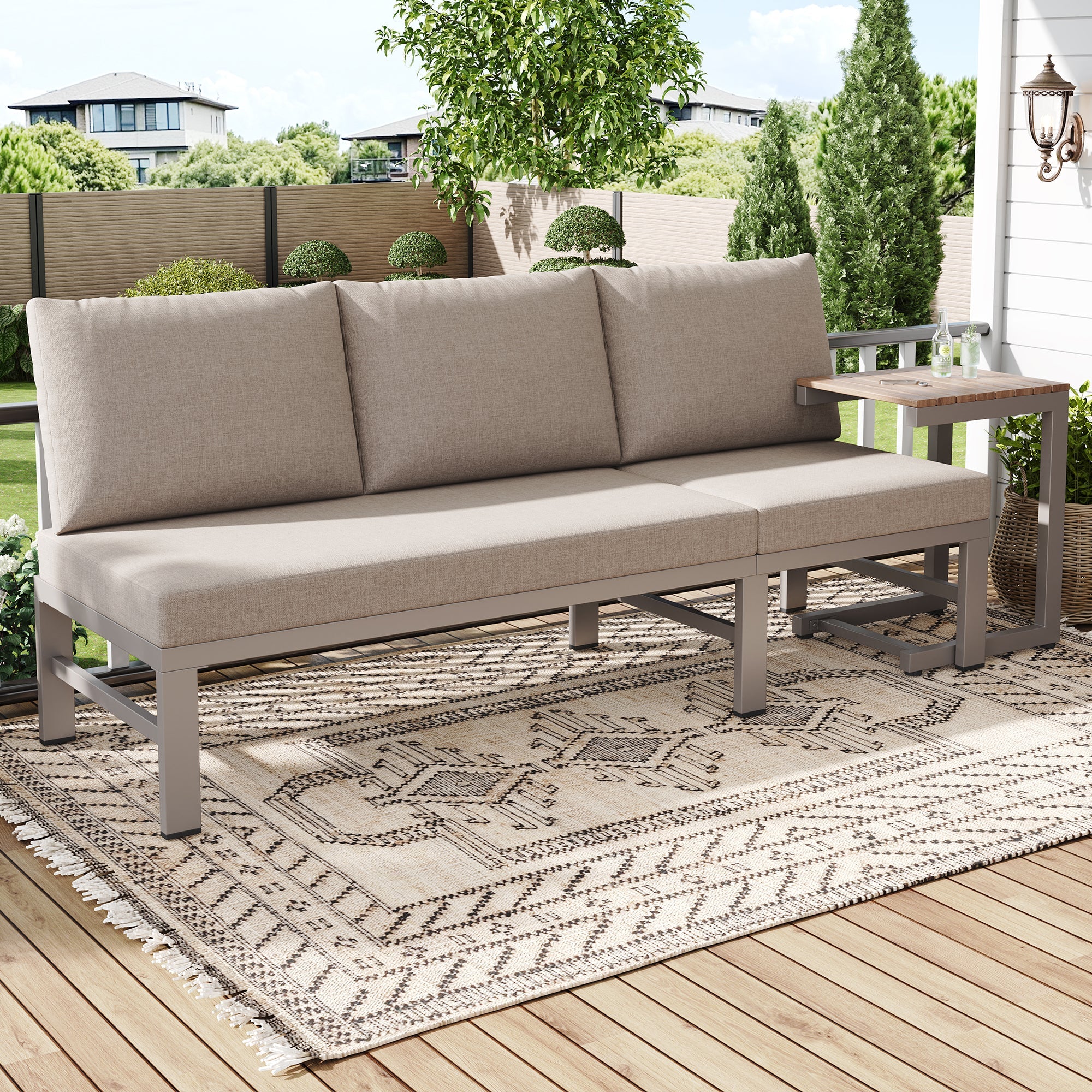 3-Seater Outdoor Sofa and Table Set with Adjustable Reclining Function, Khaki - Image 2