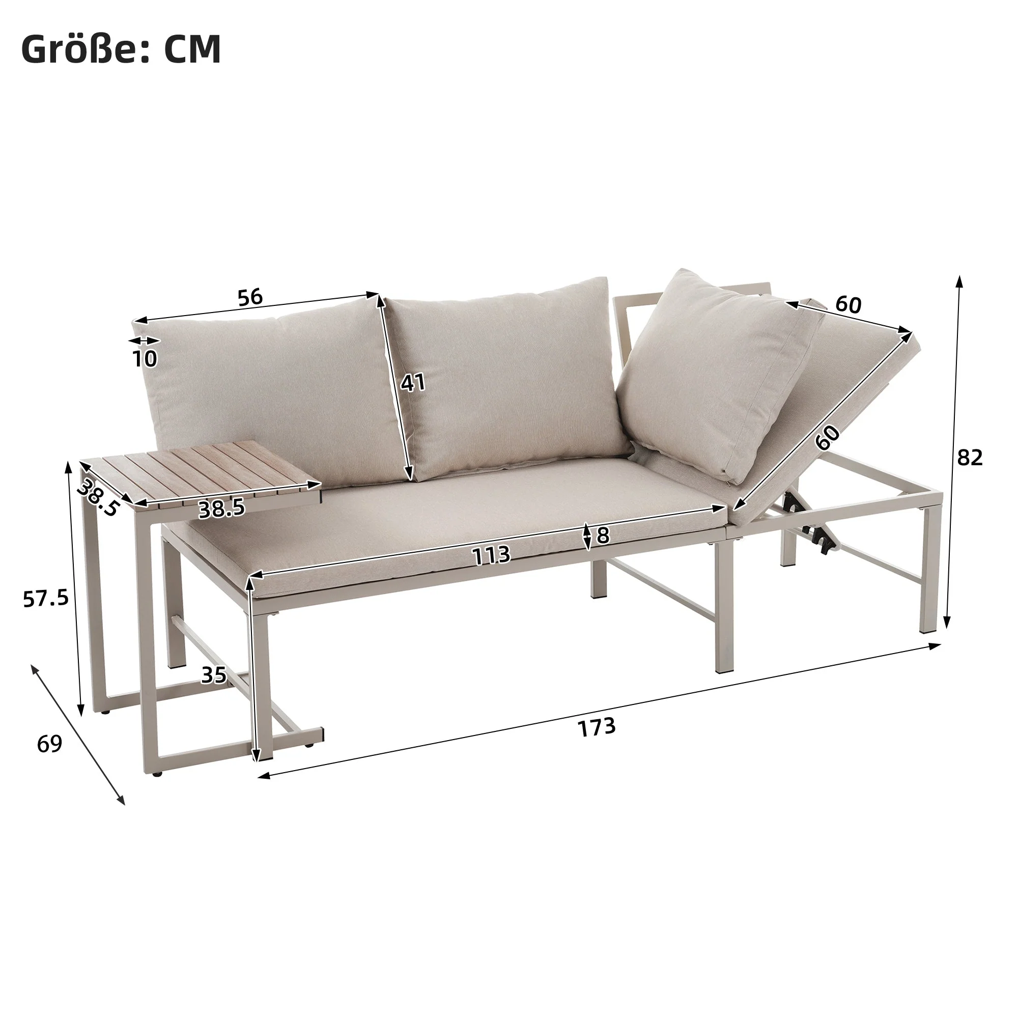 3-Seater Outdoor Sofa and Table Set with Adjustable Reclining Function, Khaki - Image 3