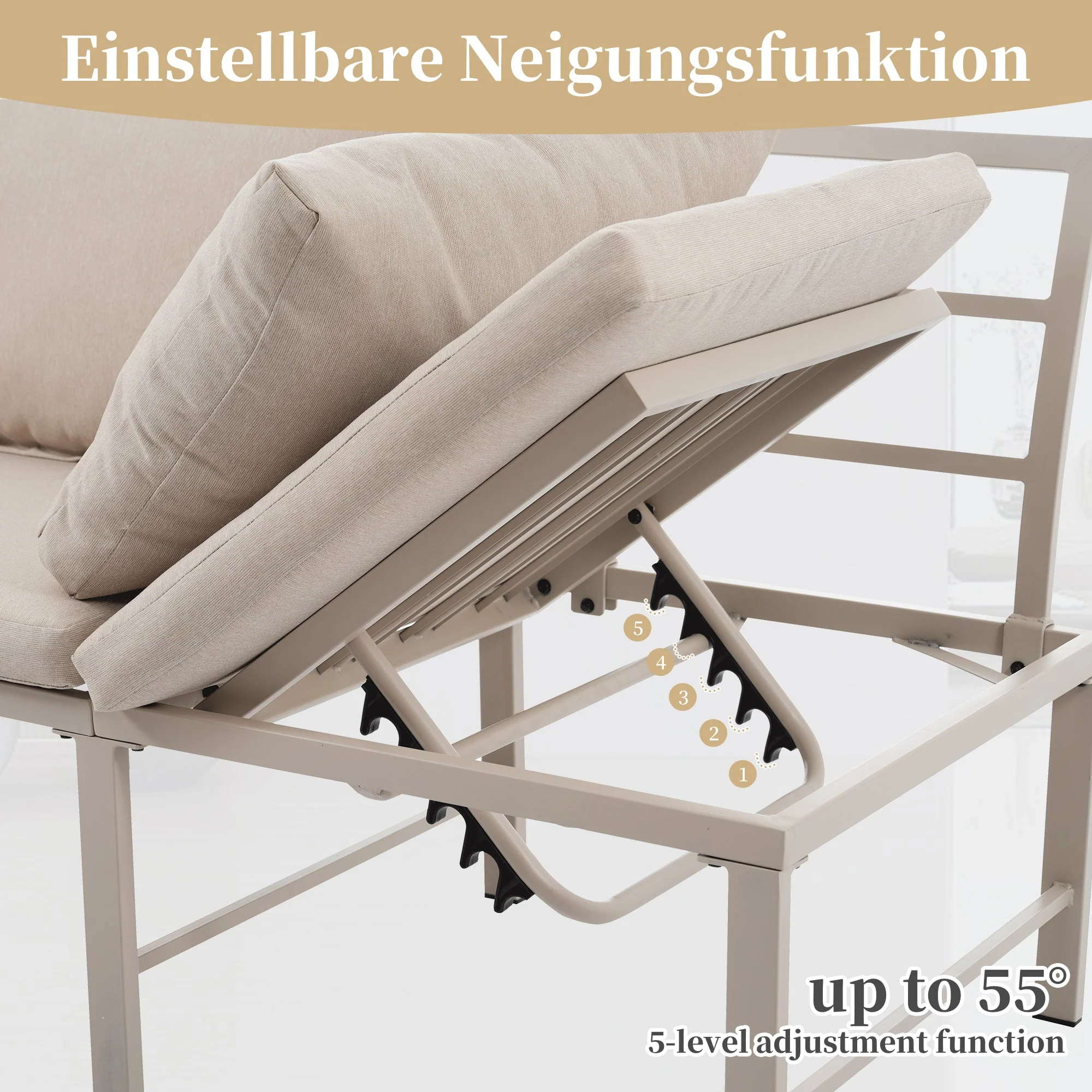 3-Seater Outdoor Sofa and Table Set with Adjustable Reclining Function, Khaki - Image 4