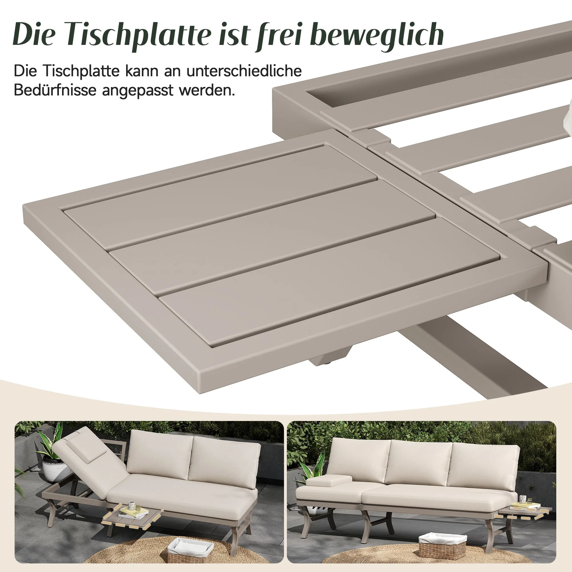 3-Seater Outdoor Sofa Garden Furniture Set with Adjustable Reclining Function and Table, Galvanized Steel, Beige - Image 5