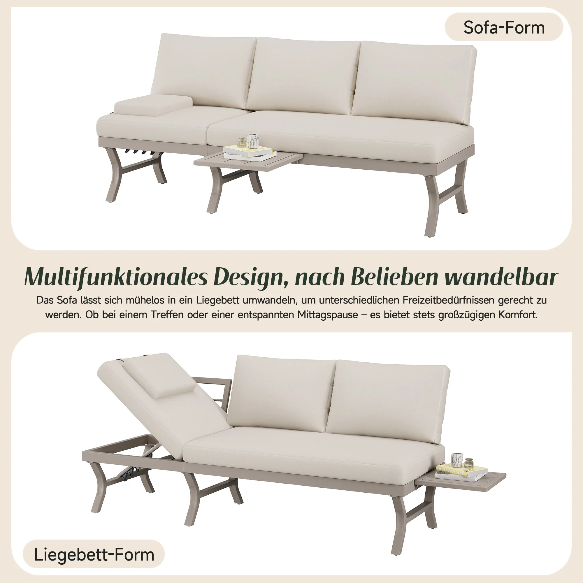 3-Seater Outdoor Sofa Garden Furniture Set with Adjustable Reclining Function and Table, Galvanized Steel, Beige - Image 6