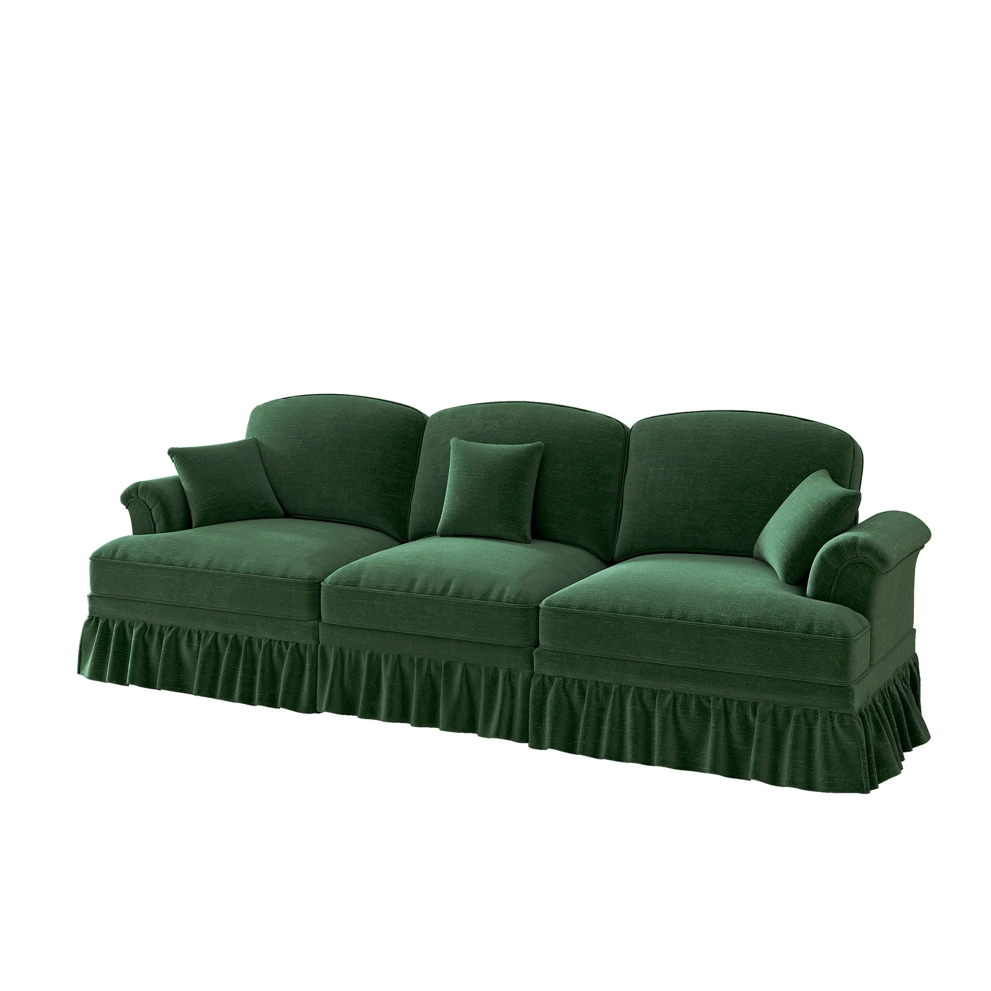 3-Seater Sofa Mid-Century Chenille Ruffled Apron Spindle Legs - Green - Image 10