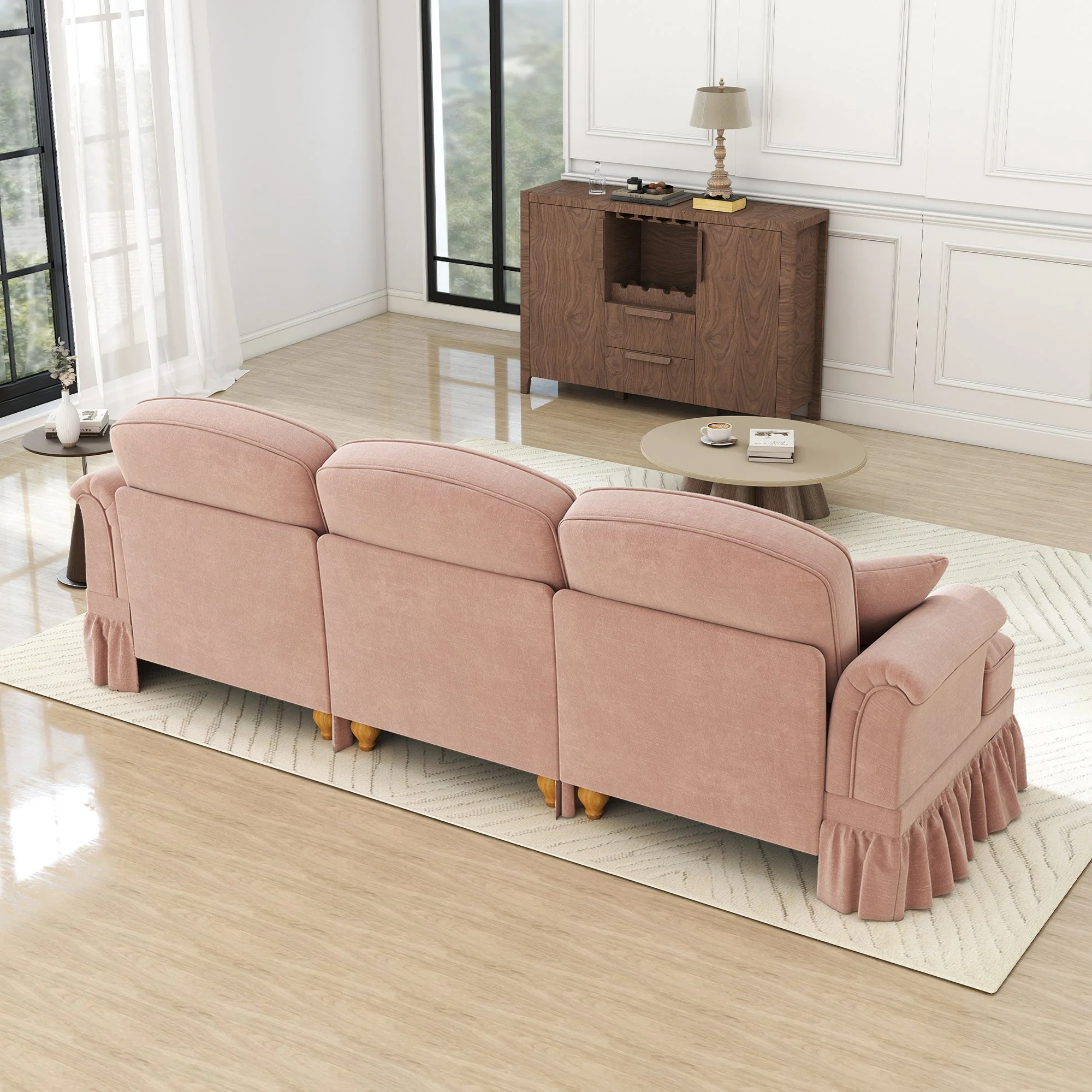 3-Seater Sofa Mid-Century Ruffled Apron Spindly Legs - Chenille Pink - Image 7