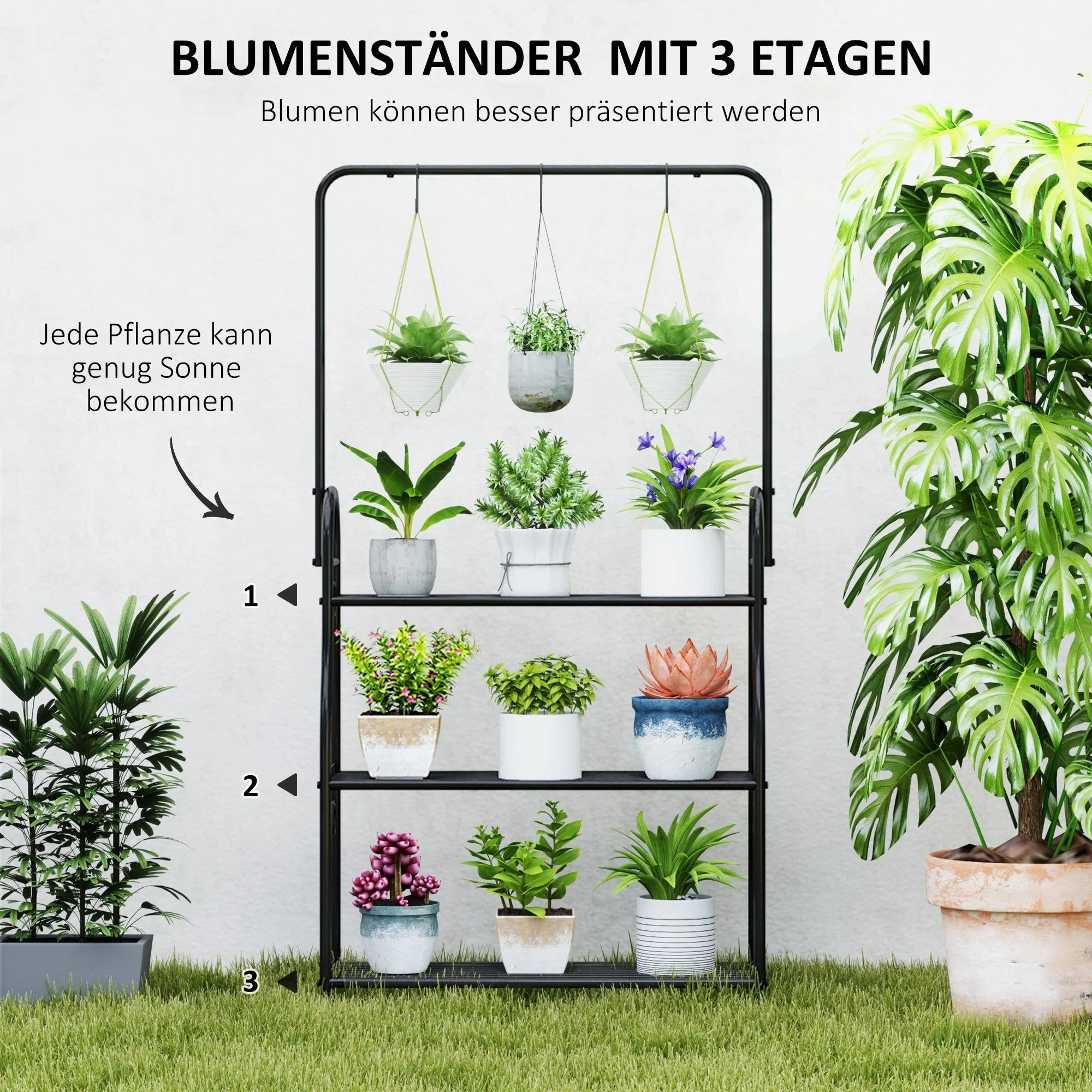 3-Tier Plant Stand, Hanging Rod Hooks 137cm High, Metal Black - Image 4