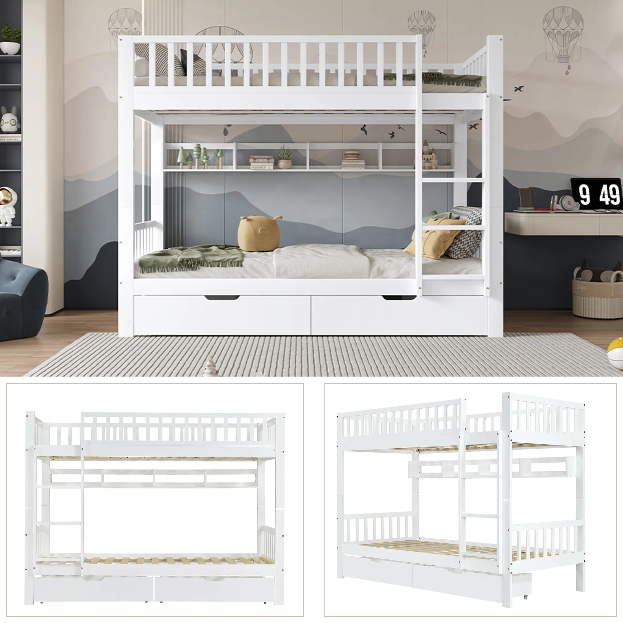 [31911901WAA] Bunk Bed Safety Rail Storage Ladder 90x200cm Pine Wood White - Image 5