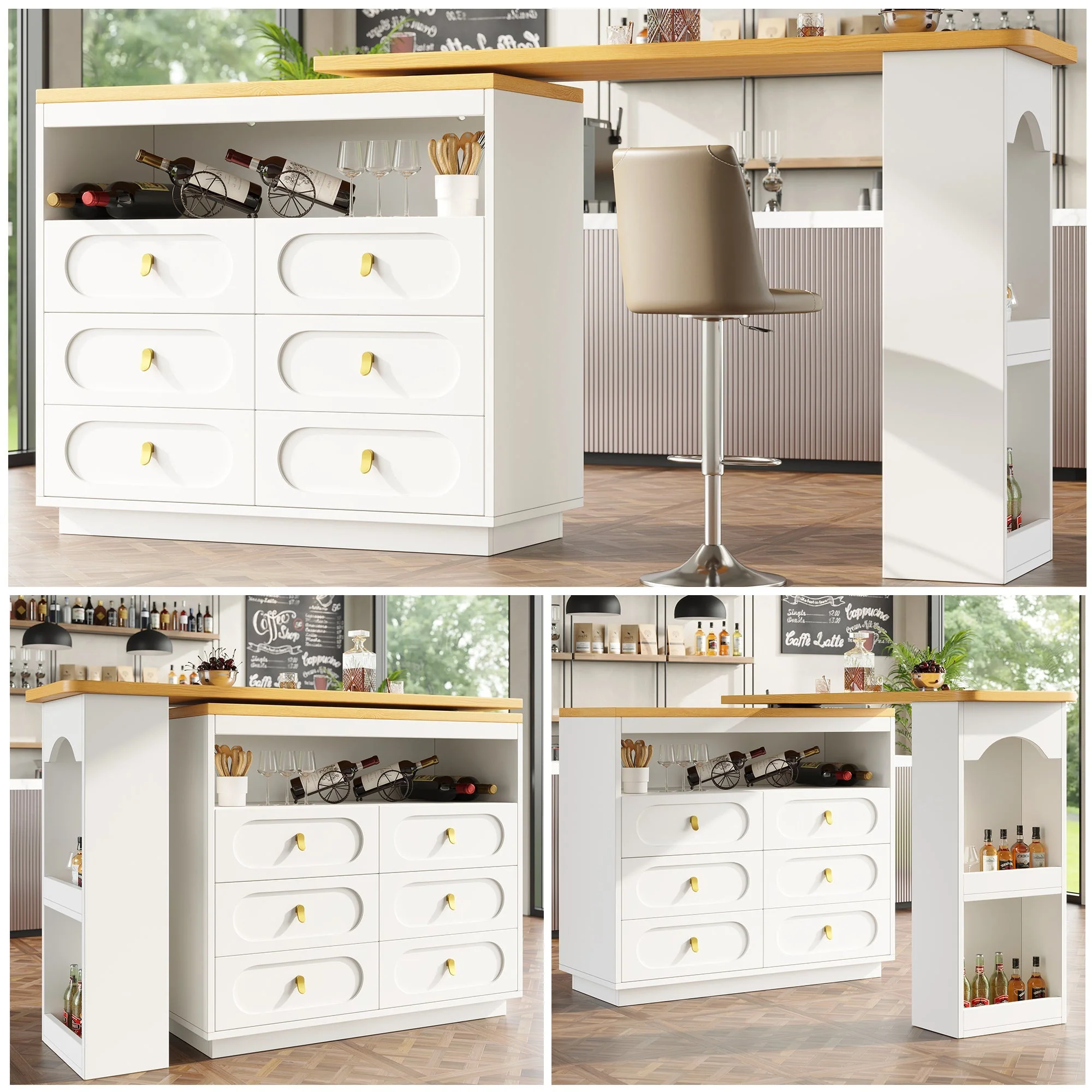 360° Rotating Bar Table, Dining Kitchen Island with Storage, White