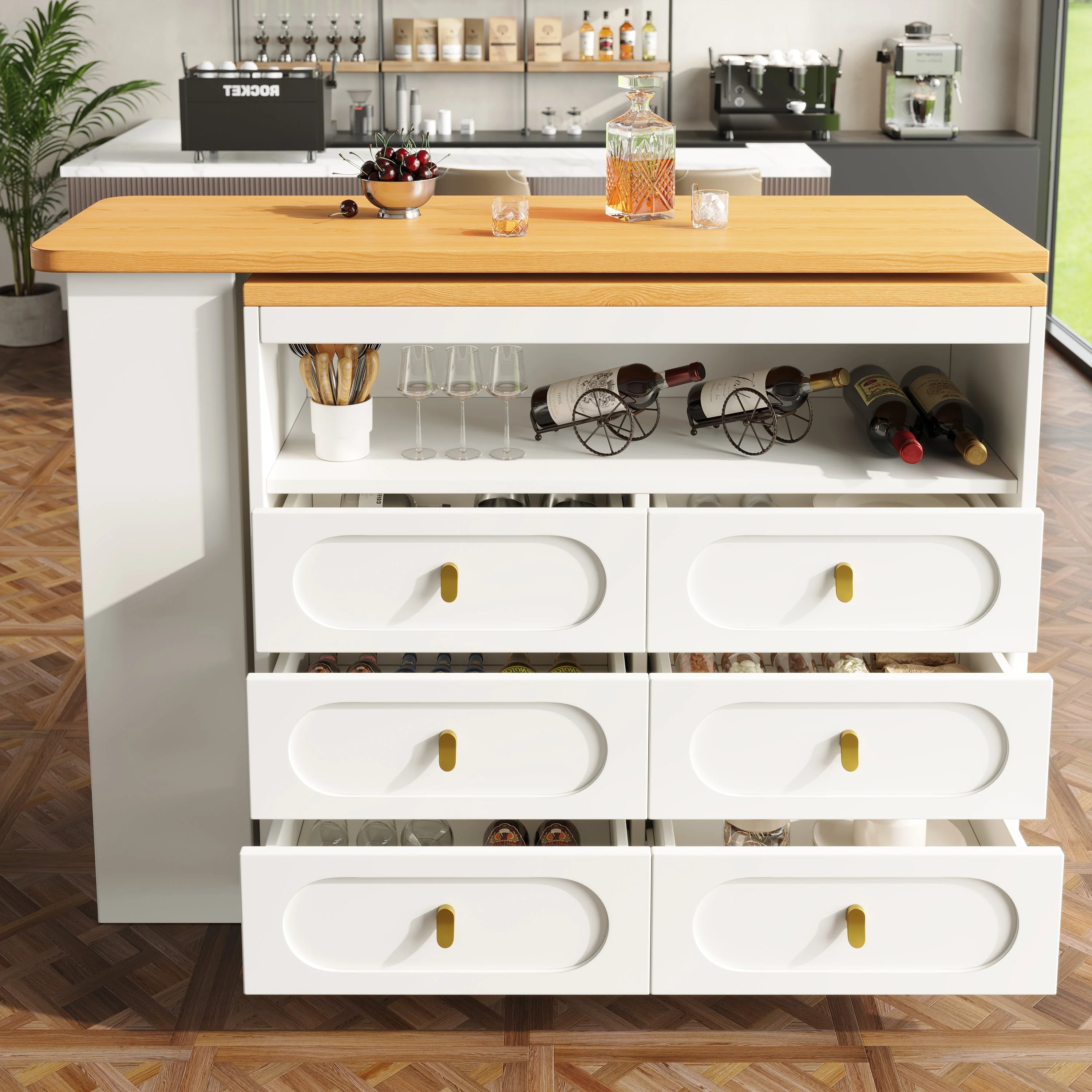 360° Rotating Bar Table, Dining Kitchen Island with Storage, White - Image 4