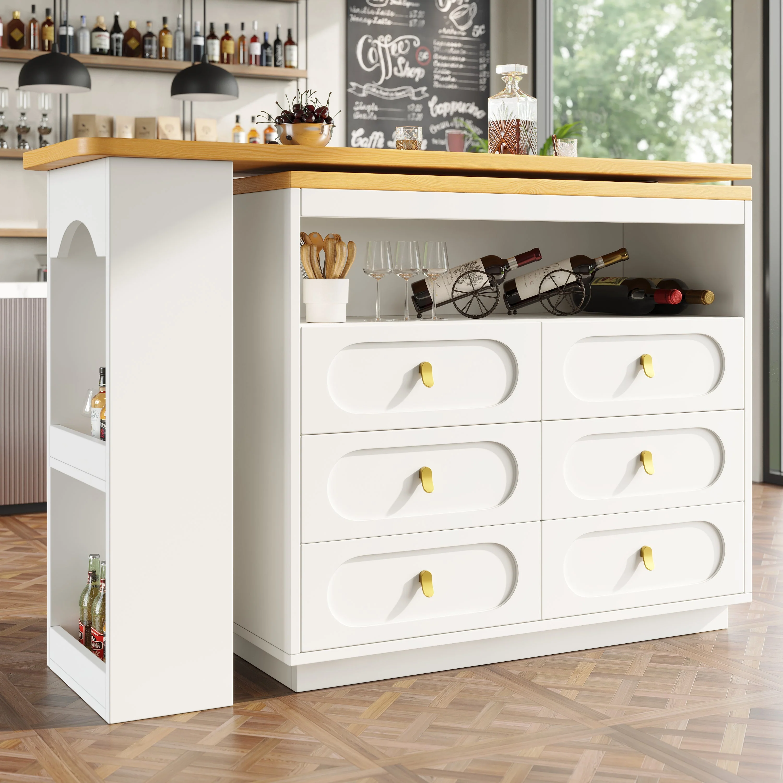 360° Rotating Bar Table, Dining Kitchen Island with Storage, White - Image 5
