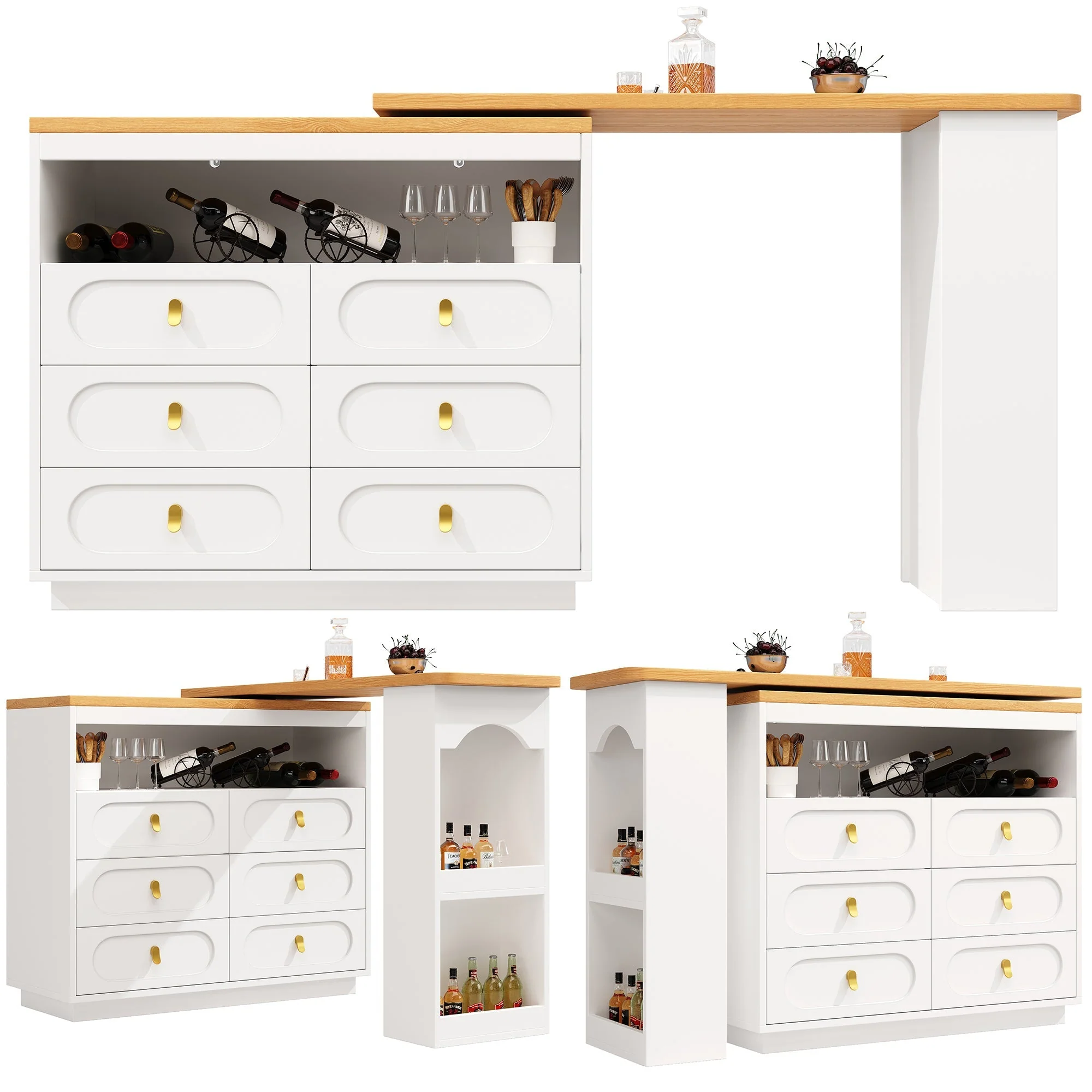 360° Rotating Bar Table, Dining Kitchen Island with Storage, White - Image 8