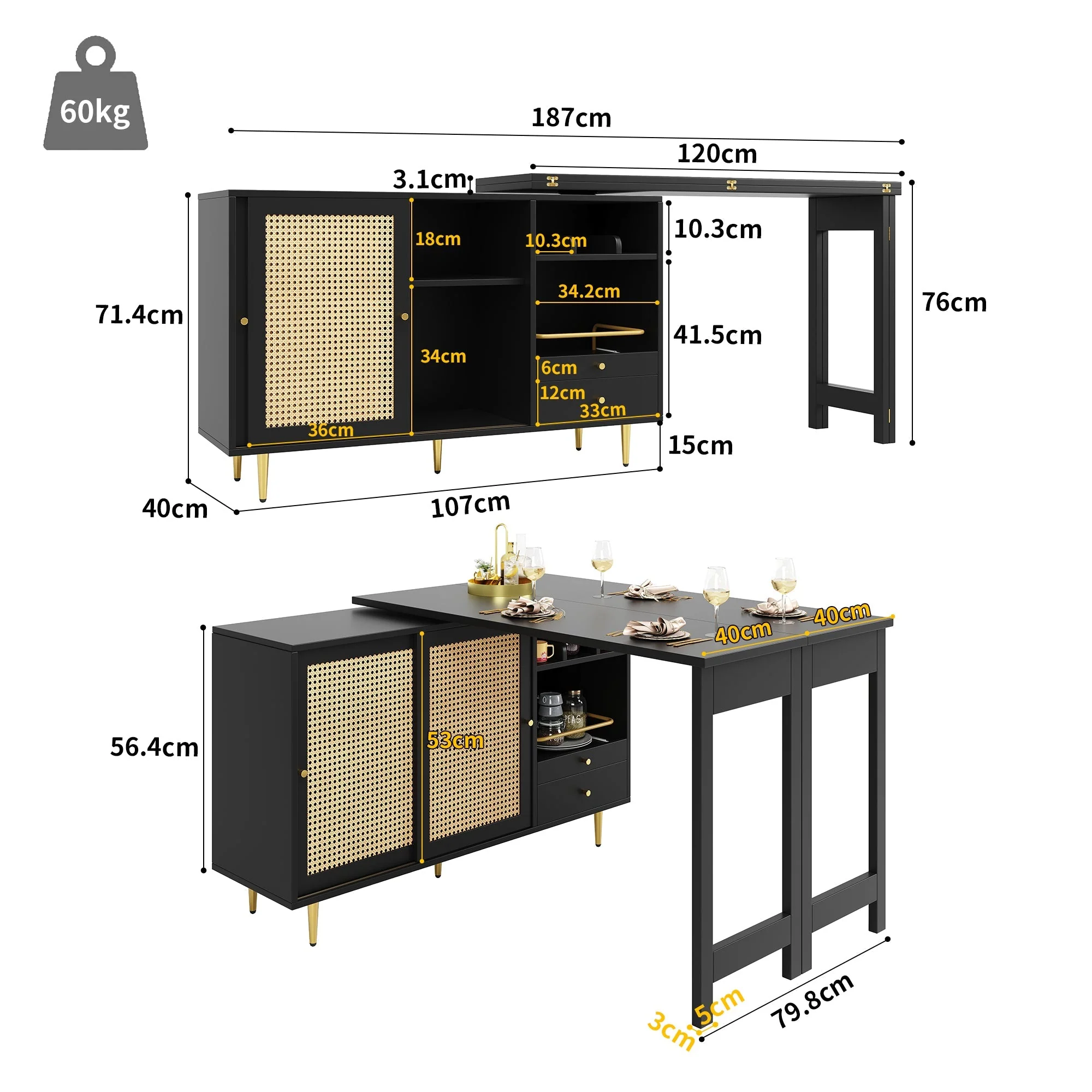 360° Rotating Bar Table Extendable Rattan Storage Cabinet Black - Image 3