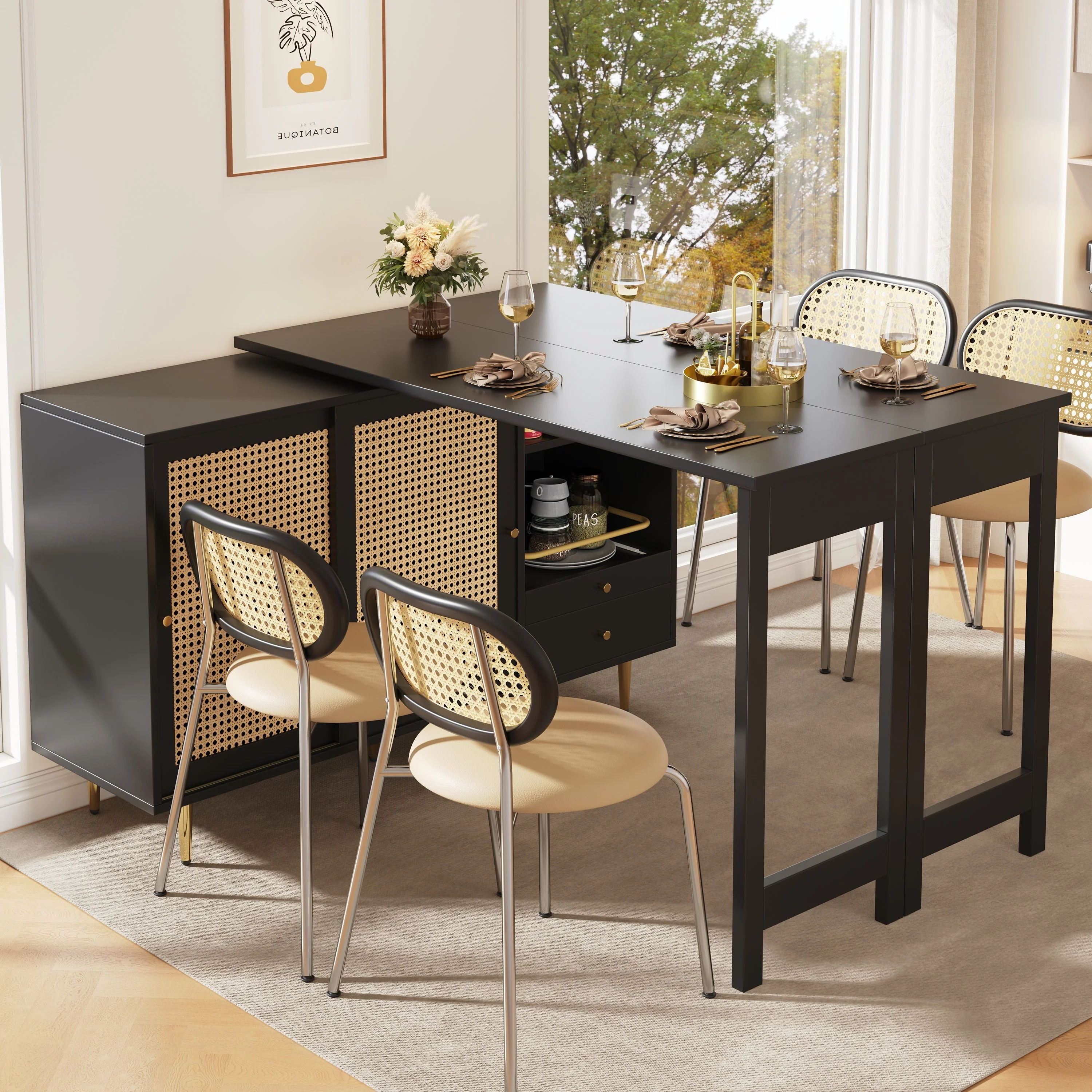 360° Rotating Bar Table Extendable Rattan Storage Cabinet Black - Image 5