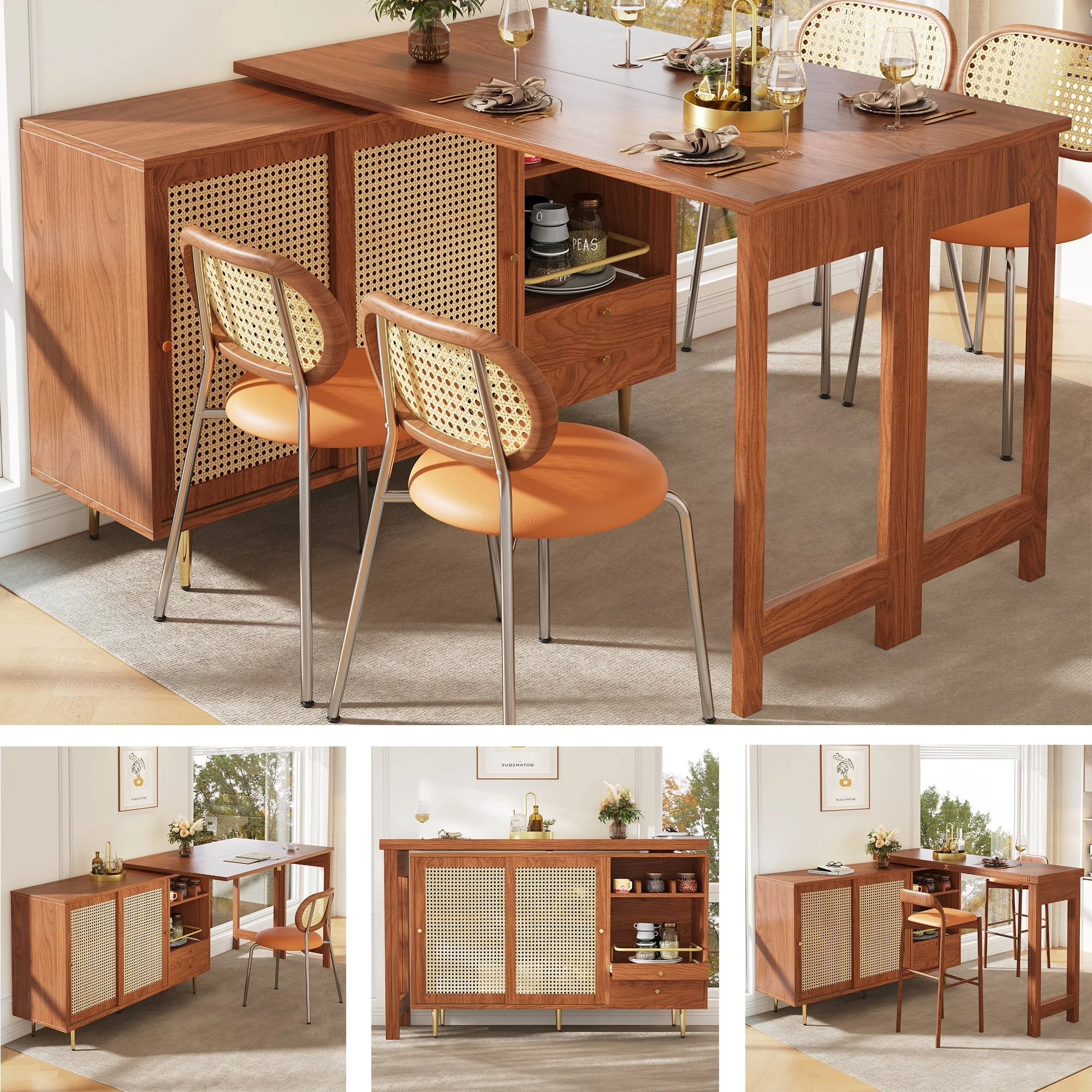360° Rotating Bar Table Extendable Storage Rattan Door Brown