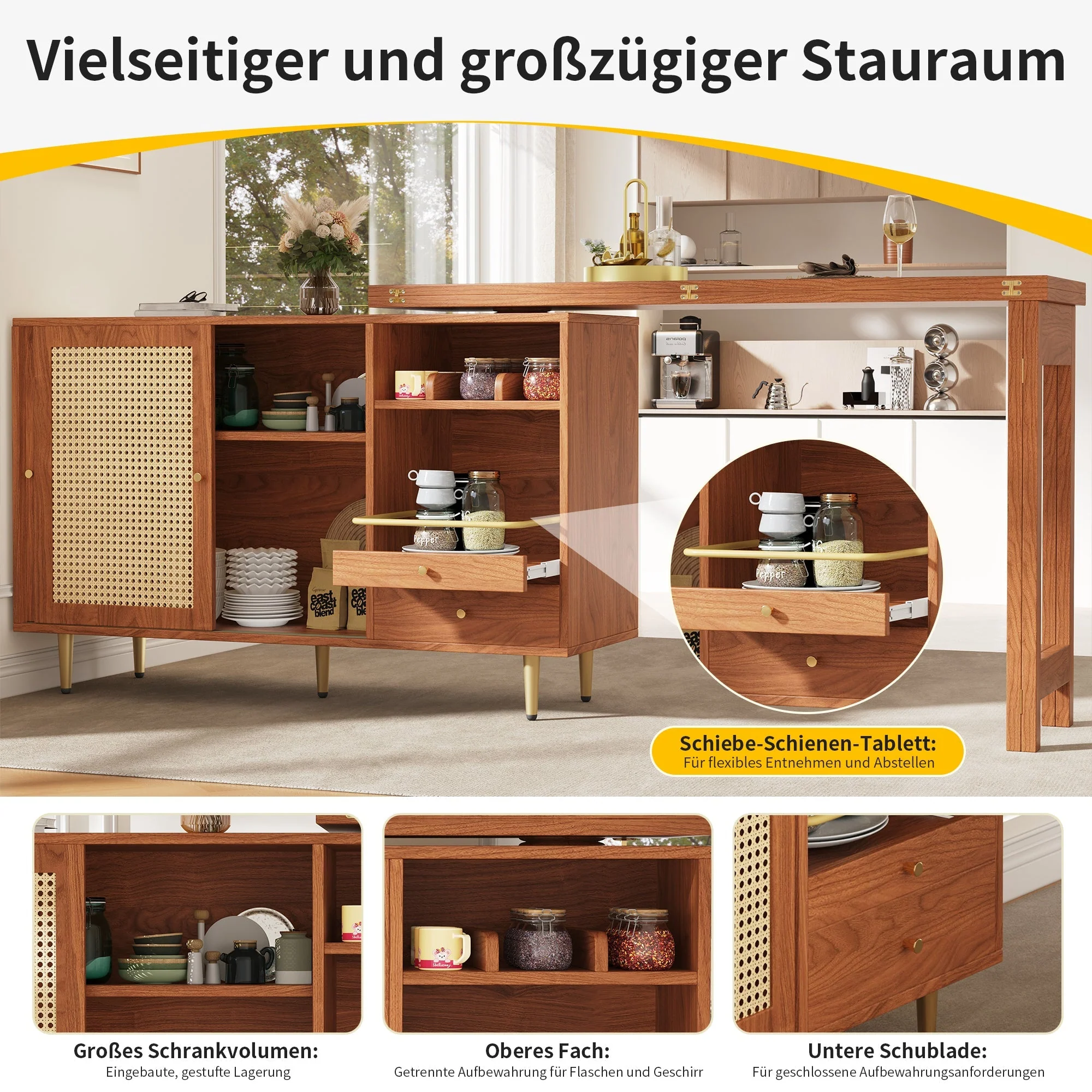 360° Rotating Bar Table Extendable Storage Rattan Door Brown - Image 10