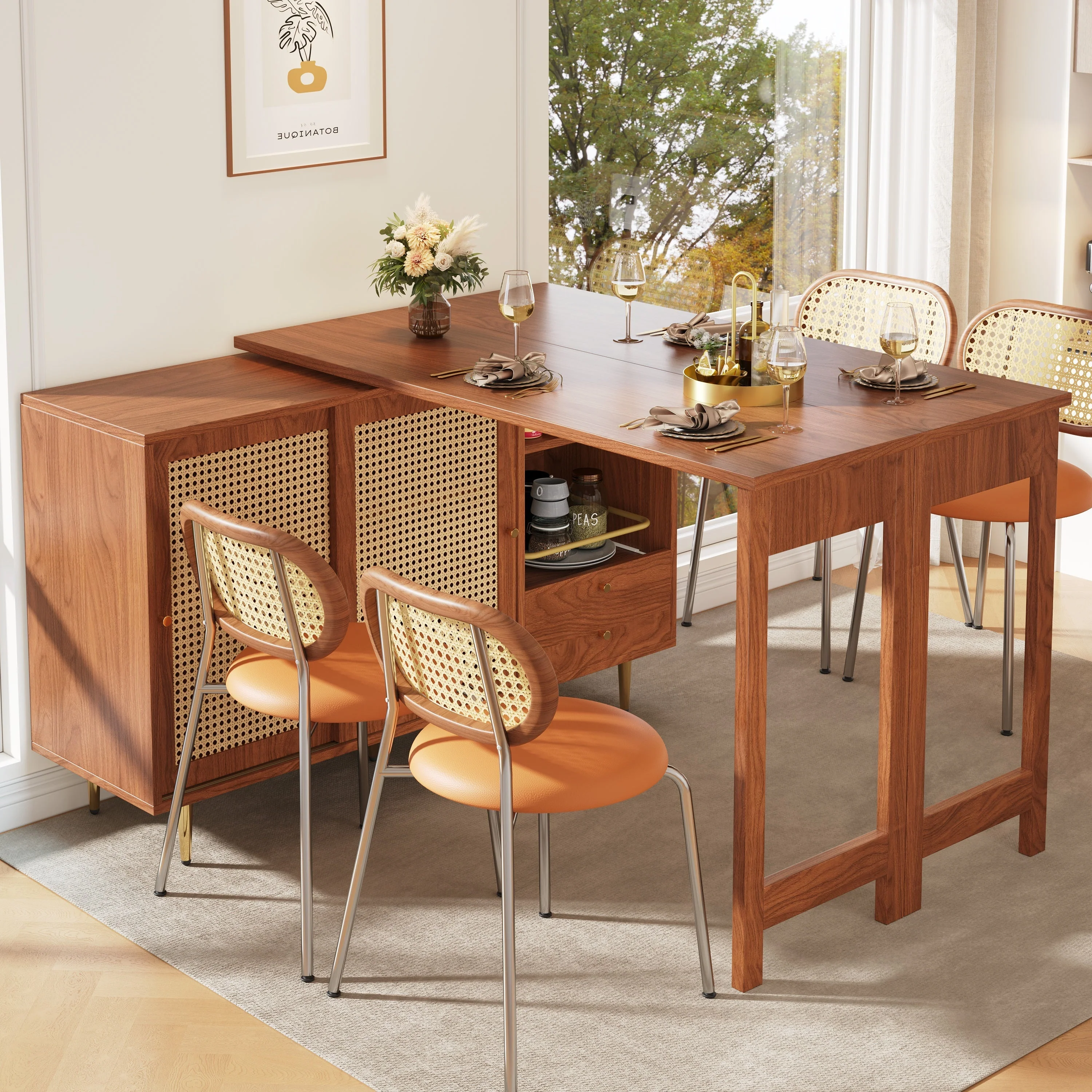 360° Rotating Bar Table Extendable Storage Rattan Door Brown - Image 6