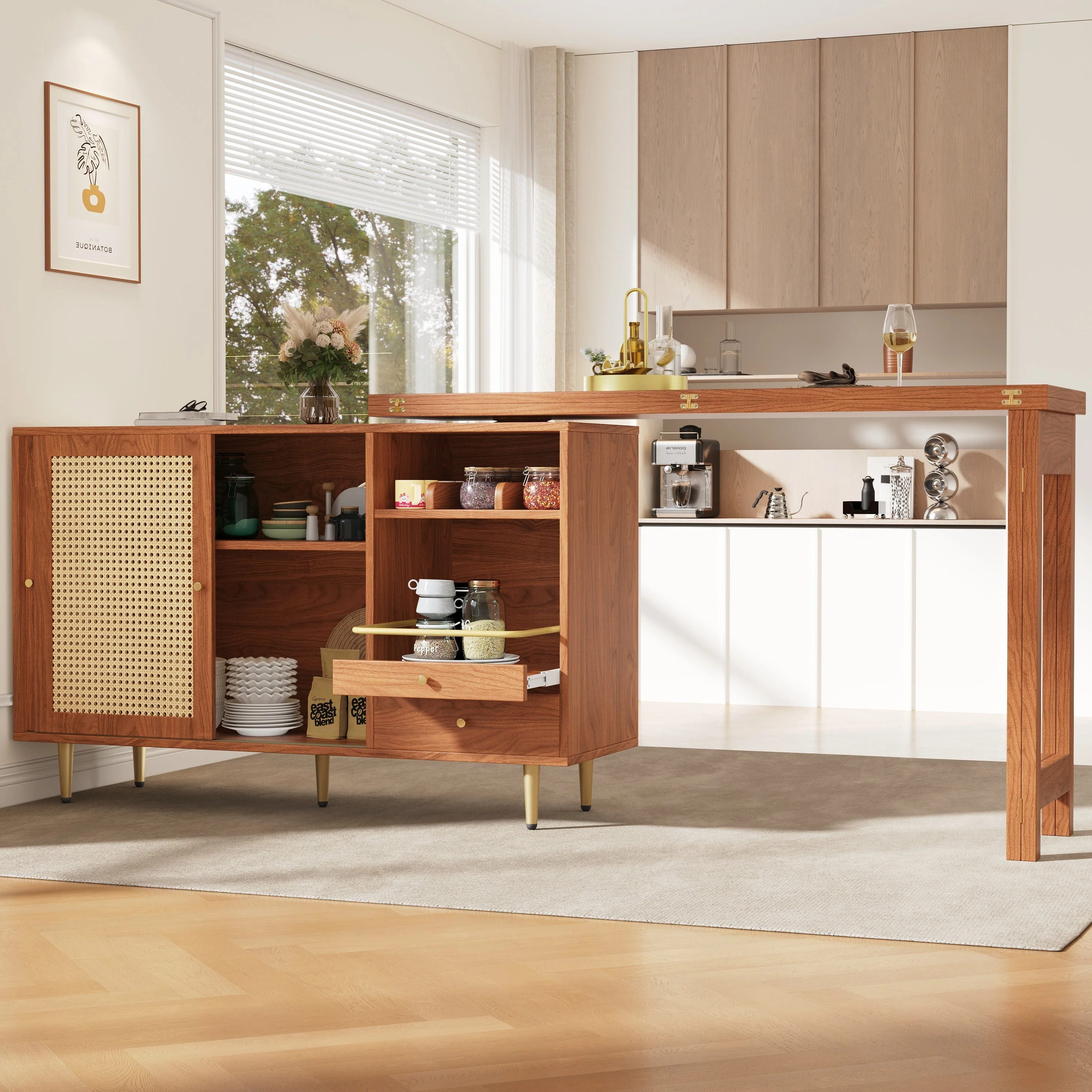 360° Rotating Bar Table Extendable Storage Rattan Door Brown - Image 7