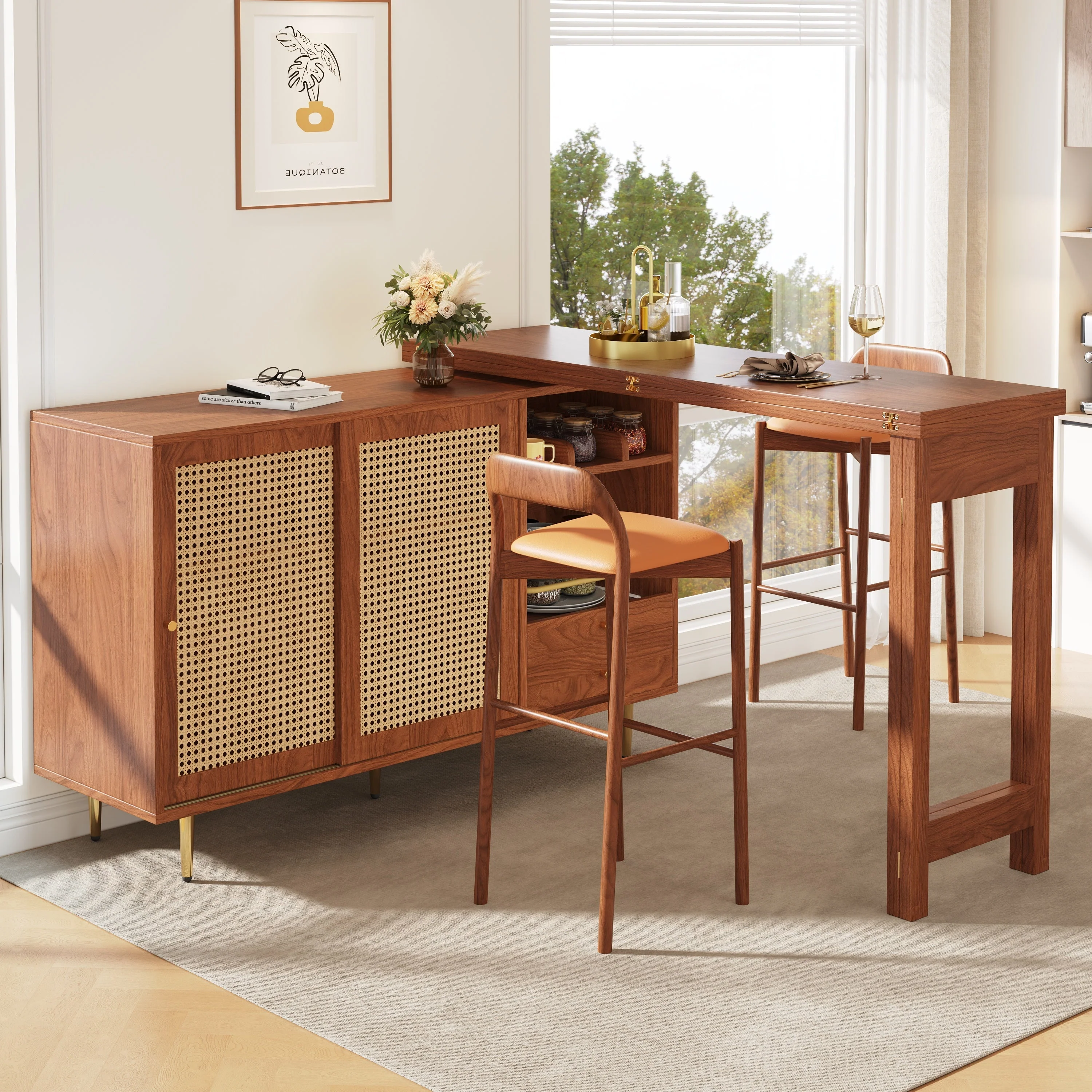 360° Rotating Bar Table Extendable Storage Rattan Door Brown - Image 8