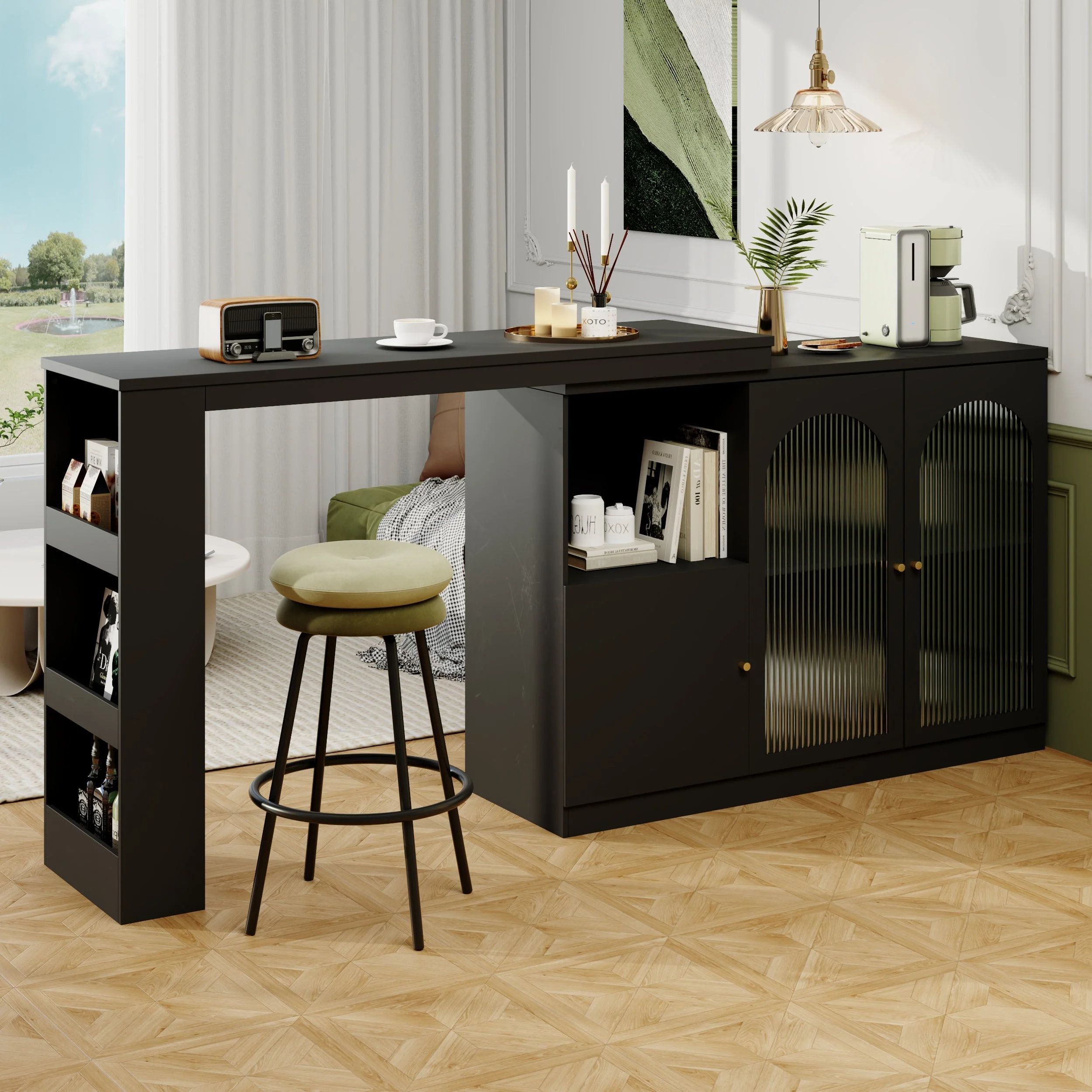 360° Rotating Bar Table, Multifunctional Dining & Bar Cabinet, Glass Door Storage, Black - Image 10