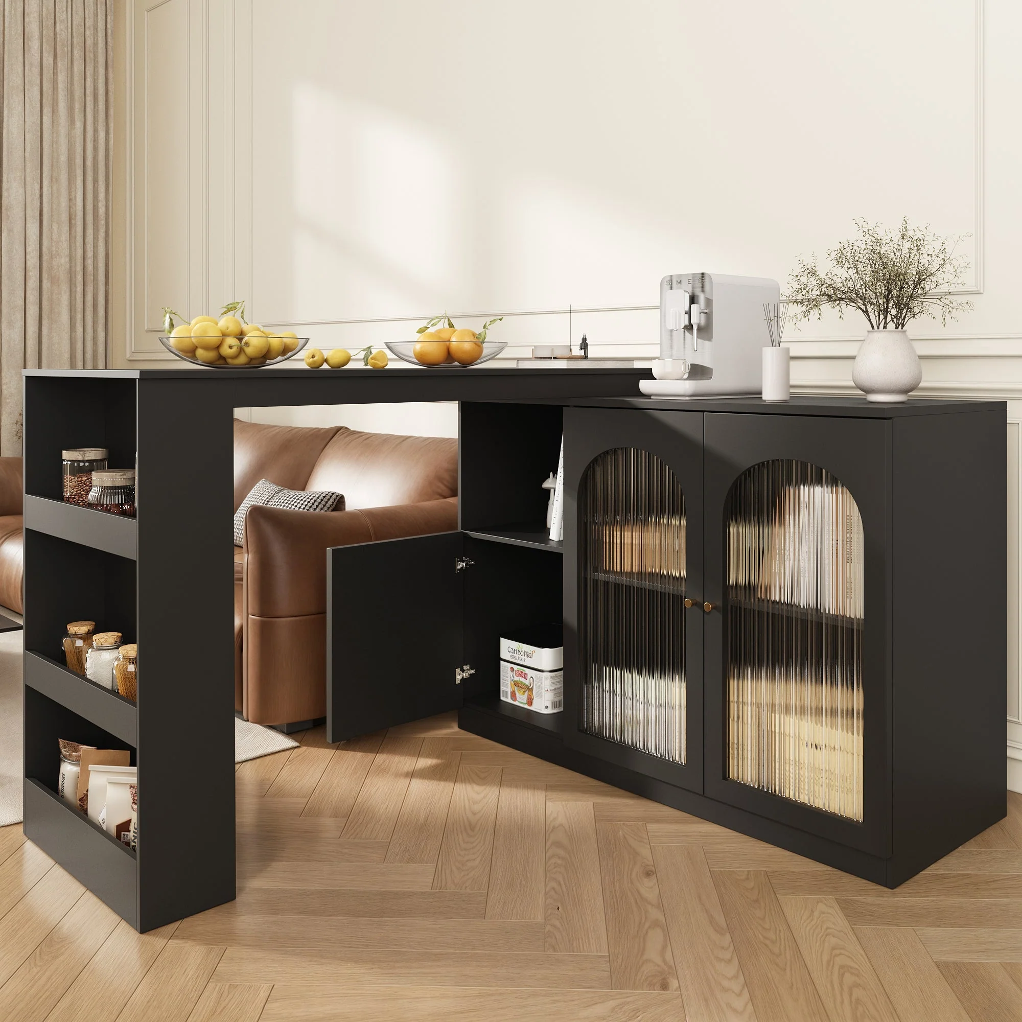 360° Rotating Bar Table, Multifunctional Dining & Bar Cabinet, Glass Door Storage, Black - Image 2