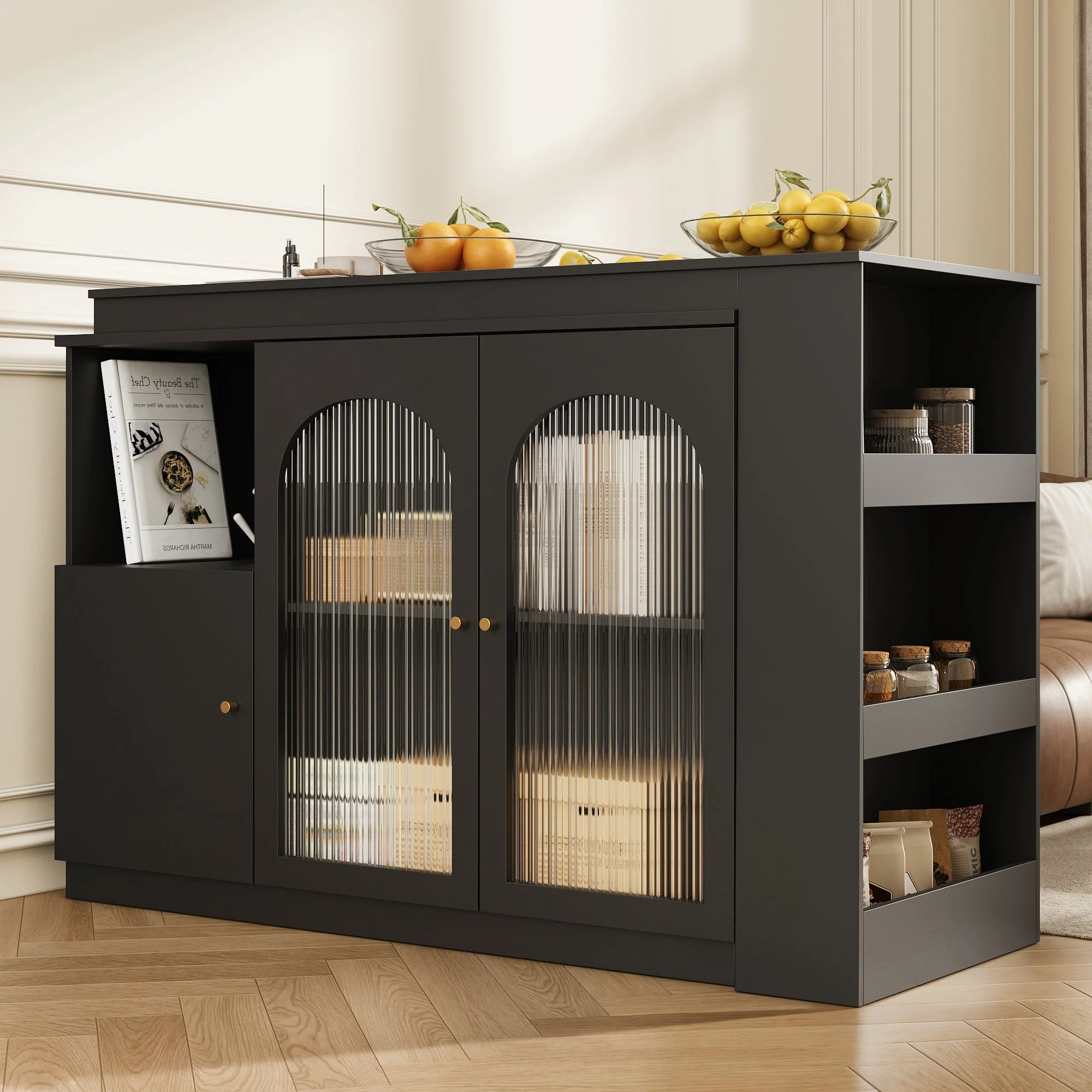 360° Rotating Bar Table, Multifunctional Dining & Bar Cabinet, Glass Door Storage, Black - Image 3