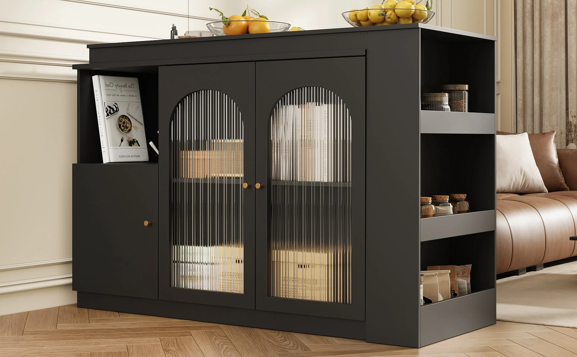 360° Rotating Bar Table, Multifunctional Dining & Bar Cabinet, Glass Door Storage, Black - Image 4
