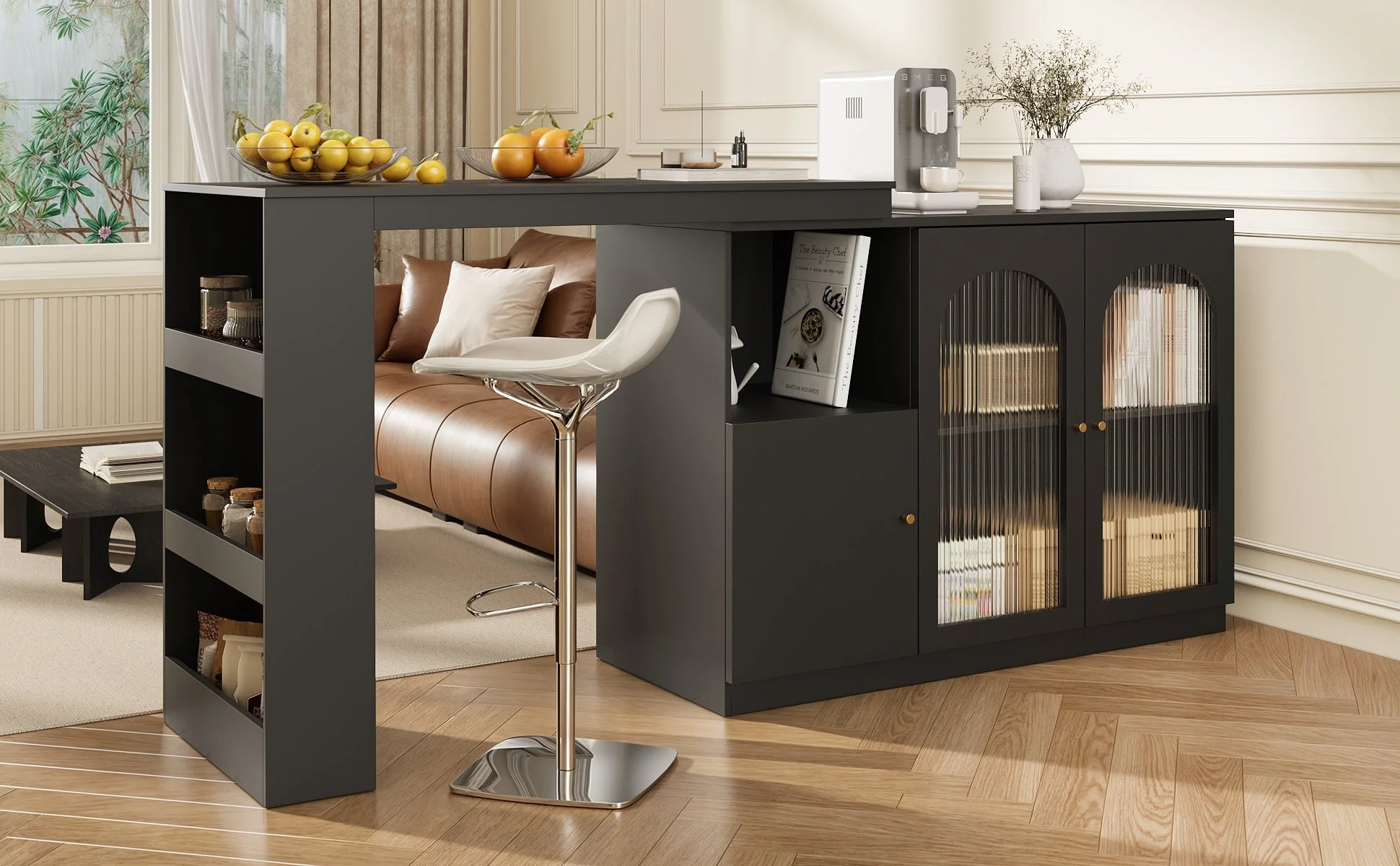 360° Rotating Bar Table, Multifunctional Dining & Bar Cabinet, Glass Door Storage, Black - Image 5