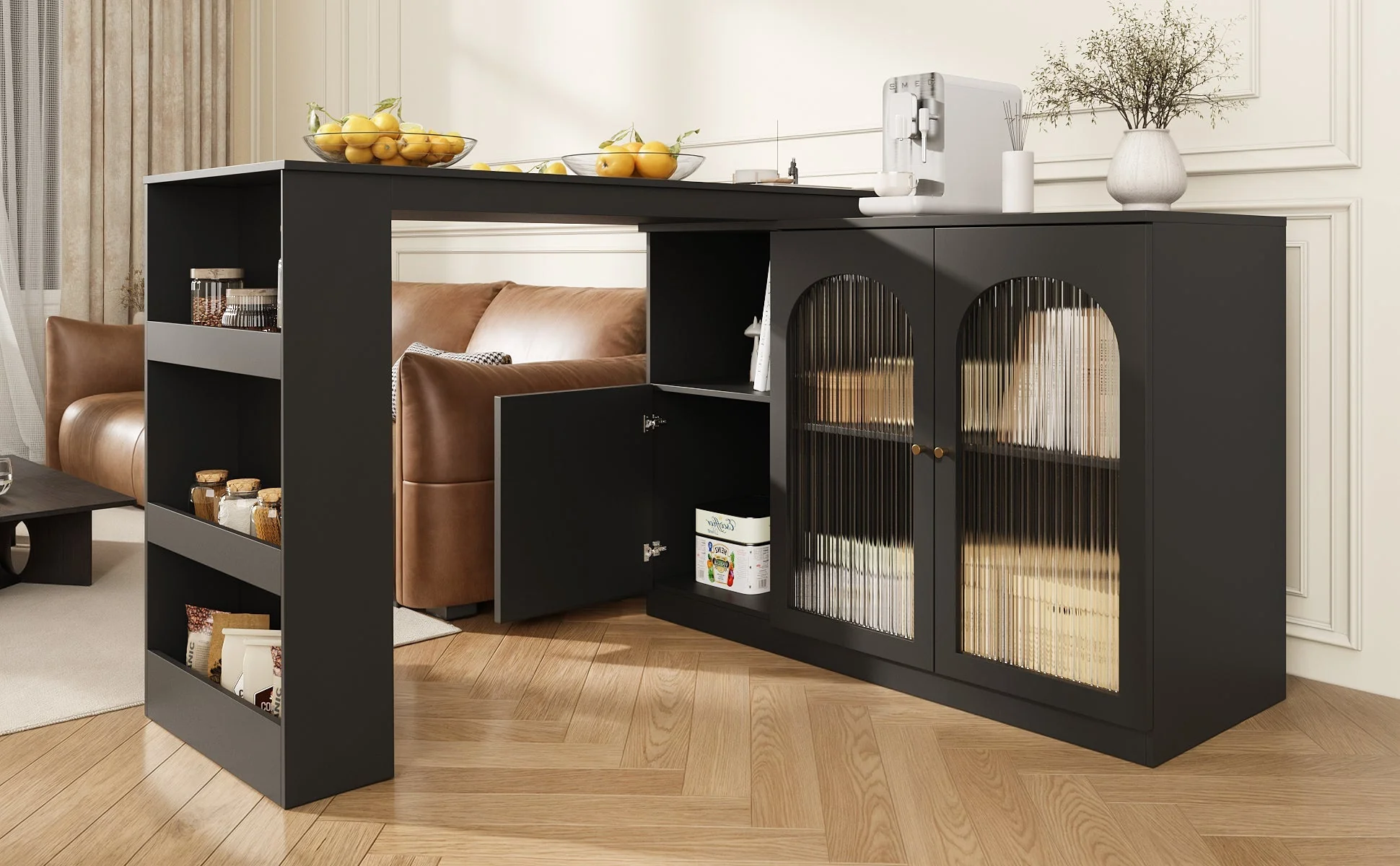 360° Rotating Bar Table, Multifunctional Dining & Bar Cabinet, Glass Door Storage, Black - Image 6