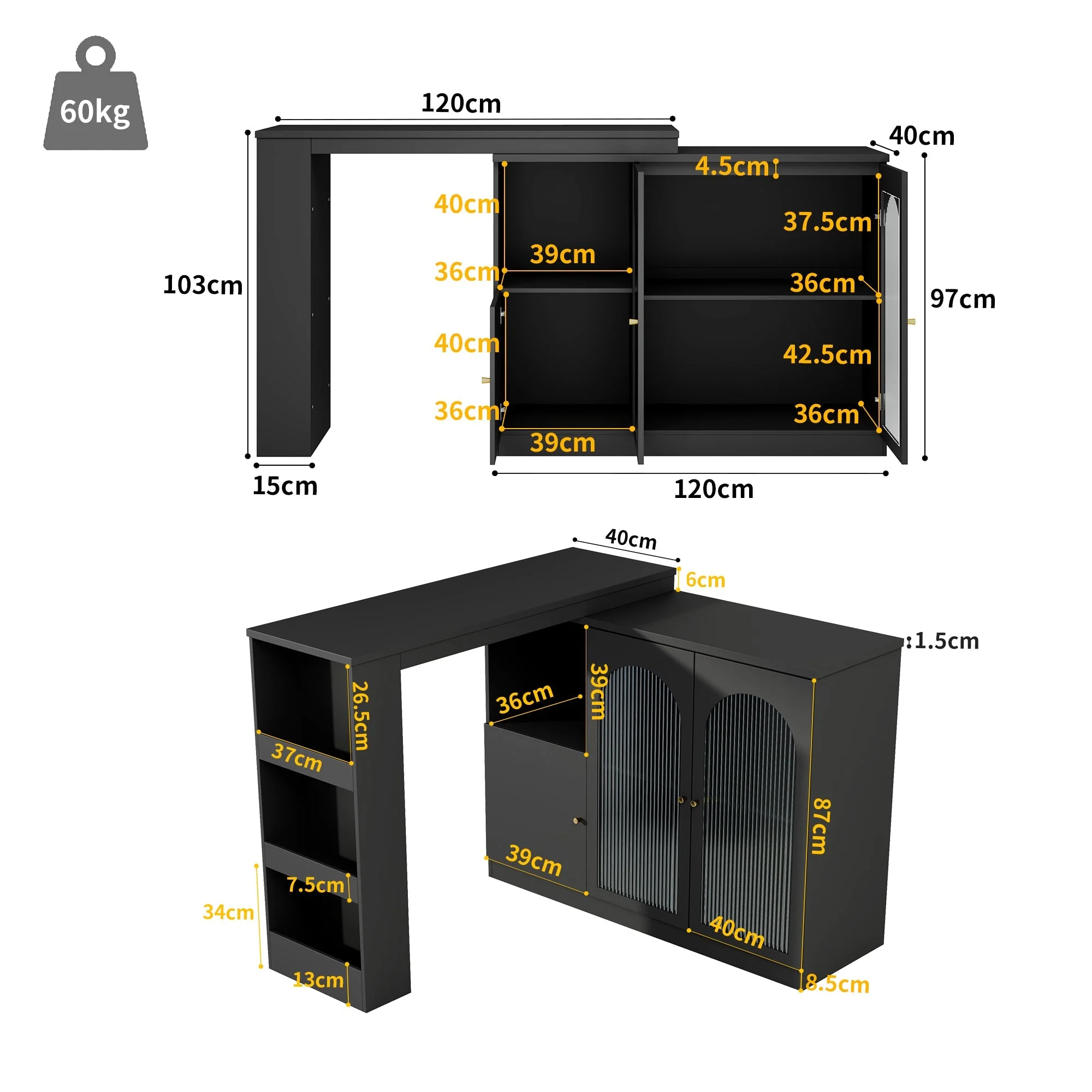 360° Rotating Bar Table, Multifunctional Dining & Bar Cabinet, Glass Door Storage, Black - Image 7