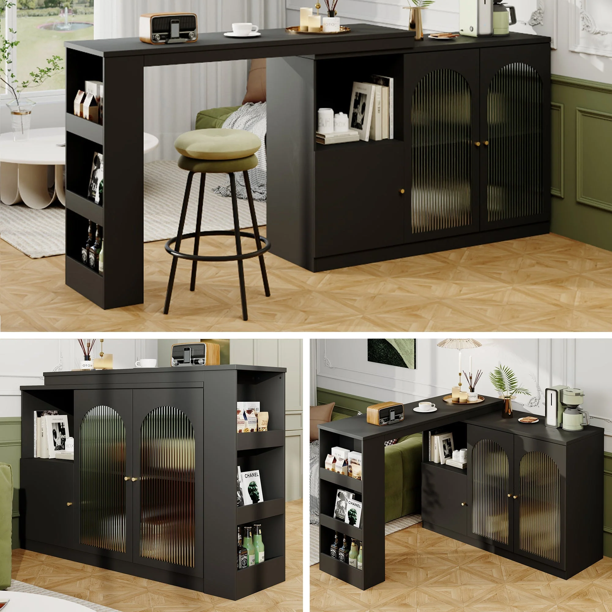 360° Rotating Bar Table, Multifunctional Dining & Bar Cabinet, Glass Door Storage, Black - Image 8