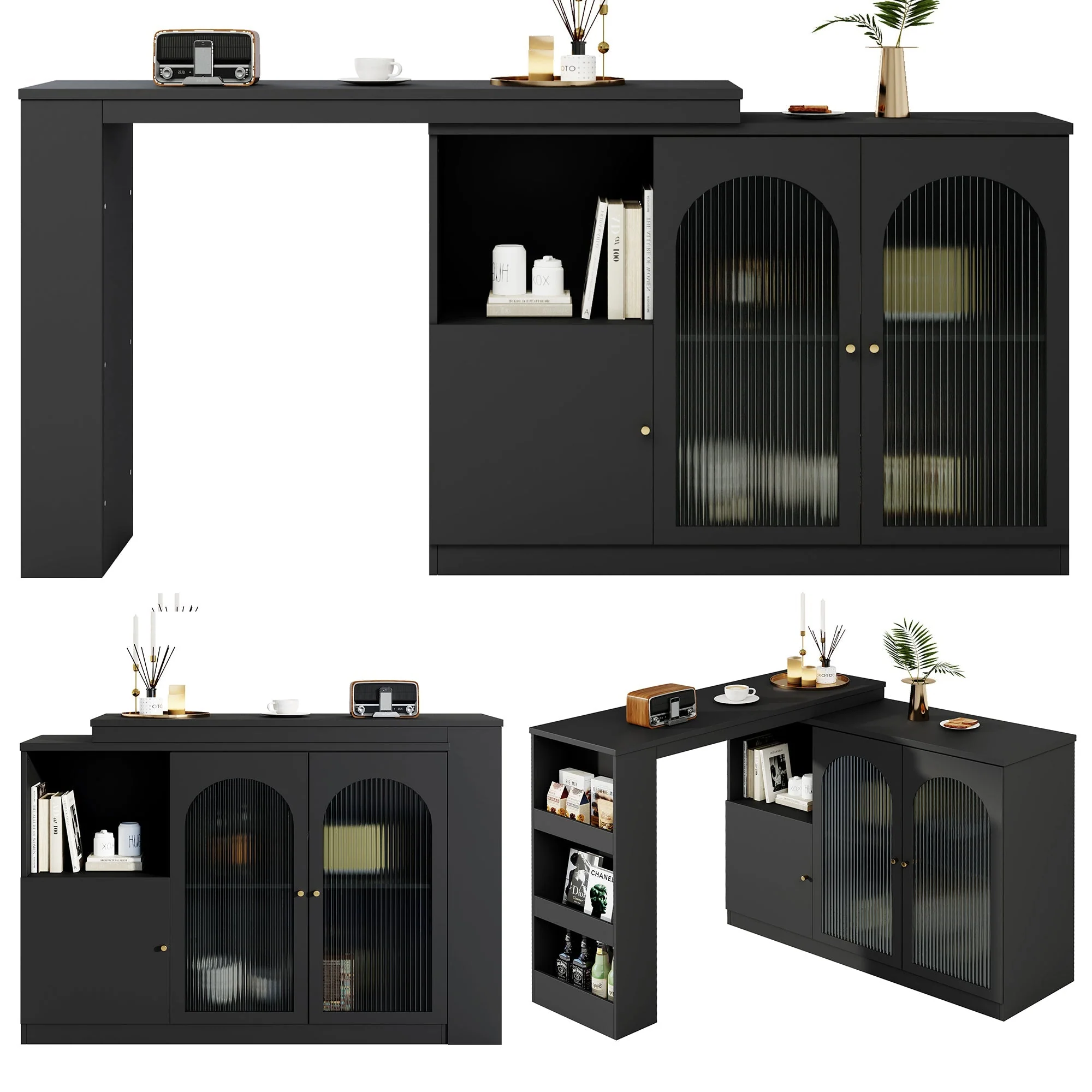 360° Rotating Bar Table, Multifunctional Dining & Bar Cabinet, Glass Door Storage, Black - Image 9
