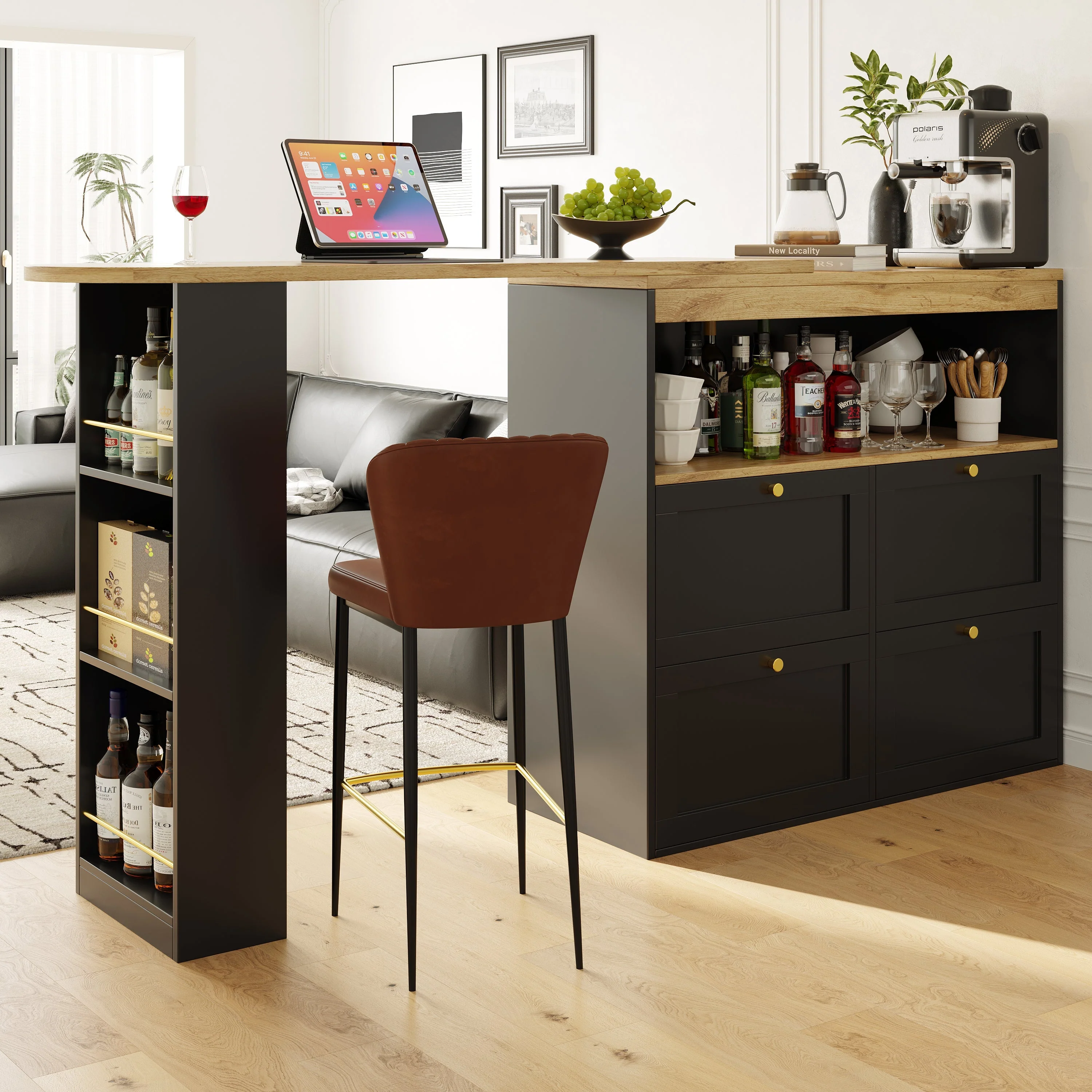 360° Rotating Bar Table with 4 Drawers and Open Shelves Storage - Image 4