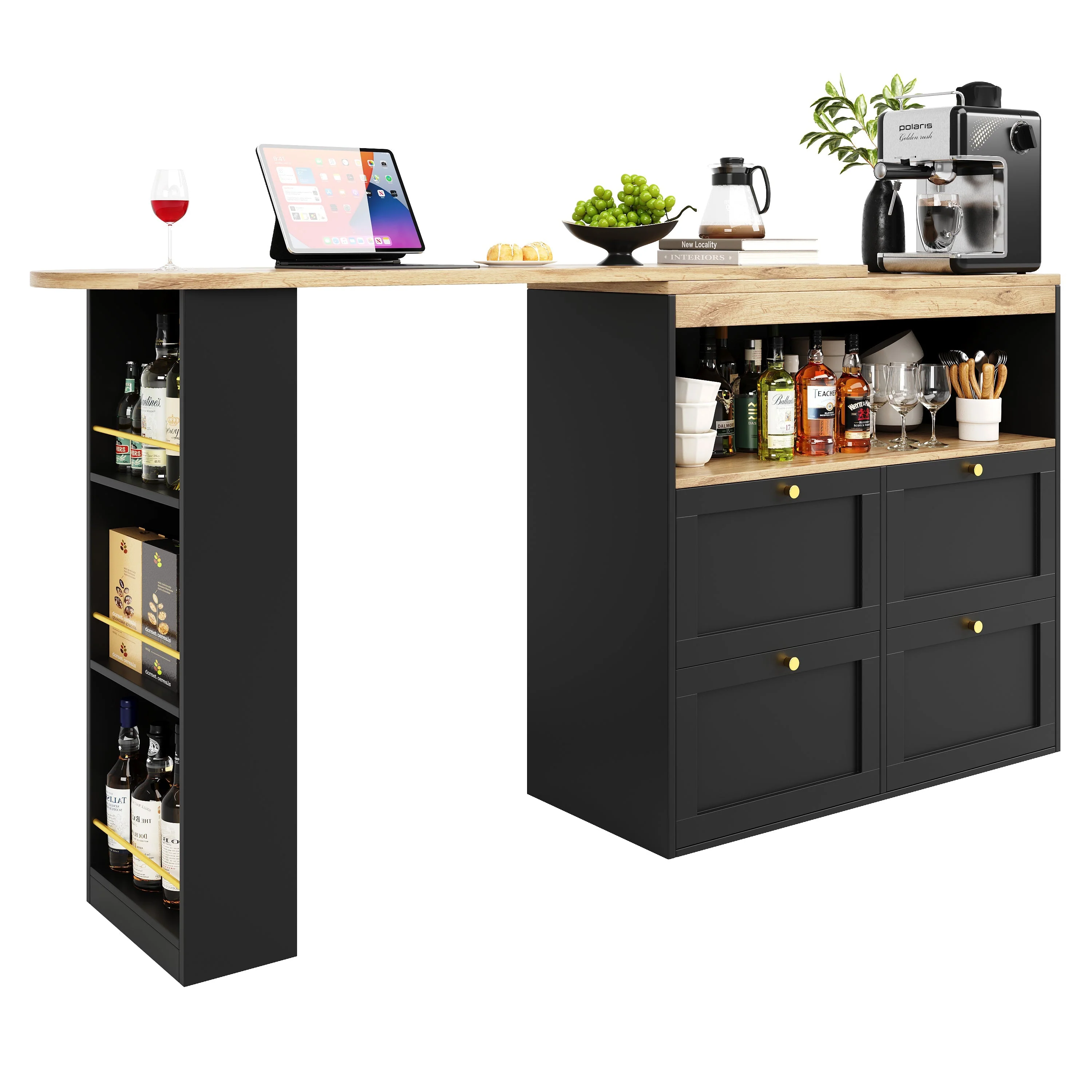 360° Rotating Bar Table with 4 Drawers and Open Shelves Storage - Image 9