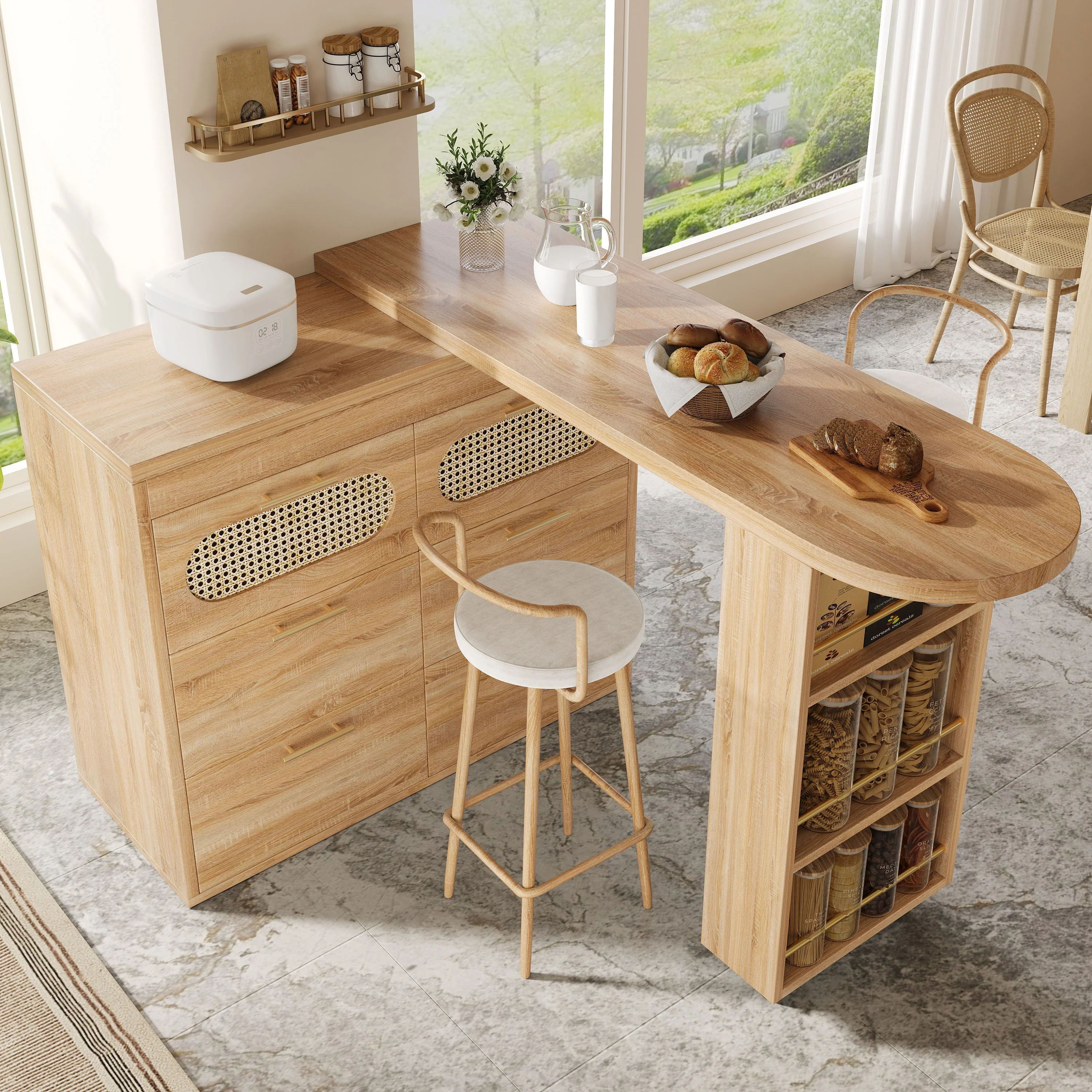 360° Rotating Bar Table with 6 Drawers and Anti-Tip Device, PE Rattan and Metal - Image 5