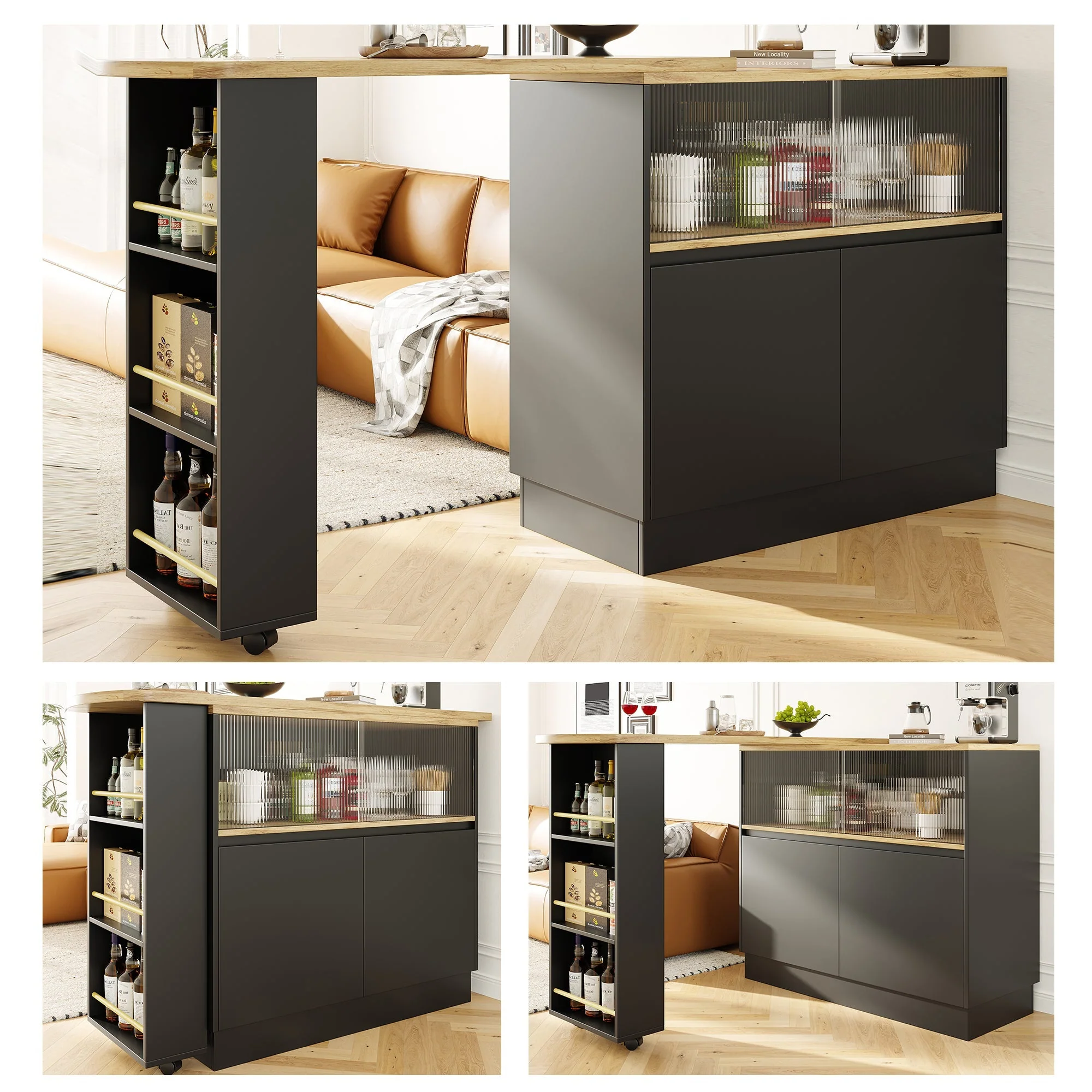 360° Rotating Dining Bar Sideboard with Shelves & Glass