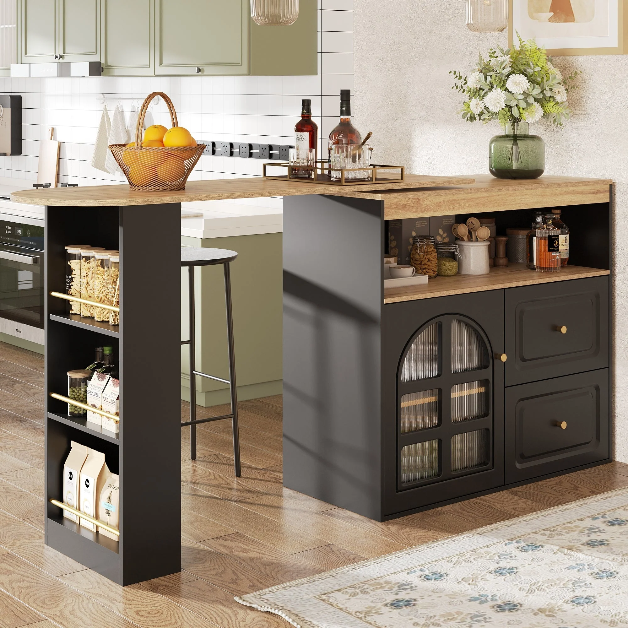 360° Rotating Dining Bar Storage with 2 Drawers Curved Glass - Black - Image 7