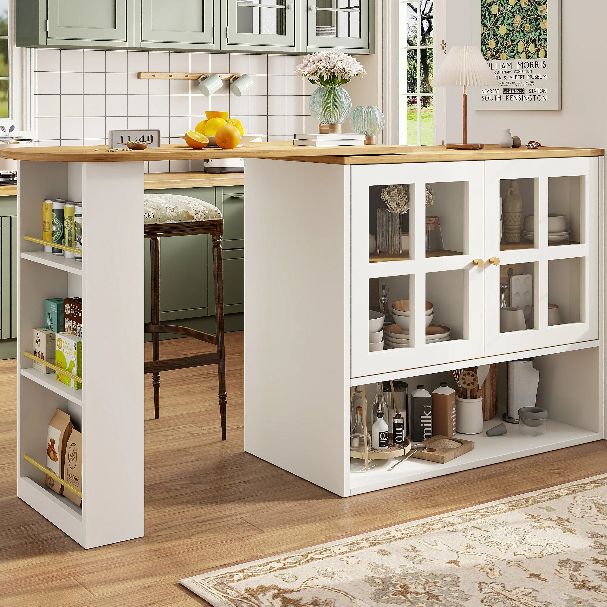 360° Rotating Sideboard - Multifunctional Dining Bar, 5 Shelves & Glass - White - Image 3