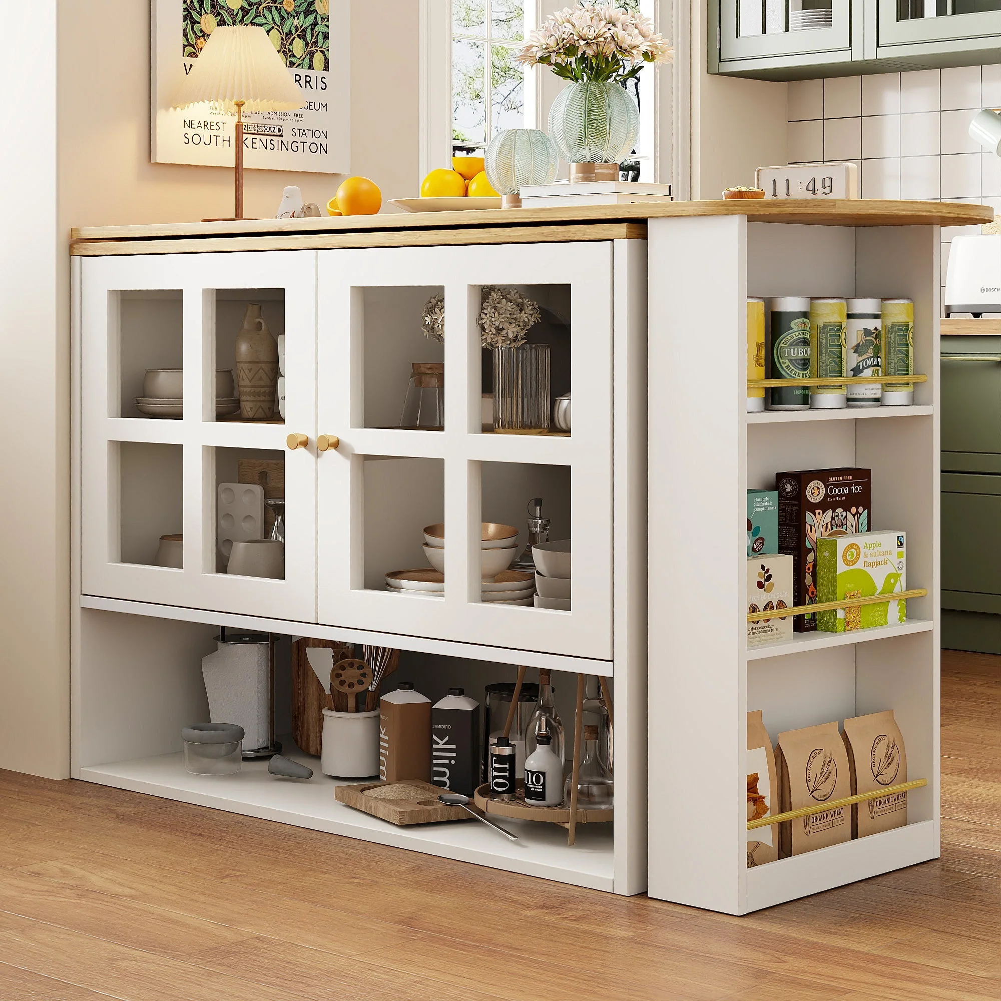 360° Rotating Sideboard - Multifunctional Dining Bar, 5 Shelves & Glass - White - Image 4